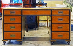 Mid Century Baker Colonial Campaign Style Satinwood and Brass Leather Top Desk
