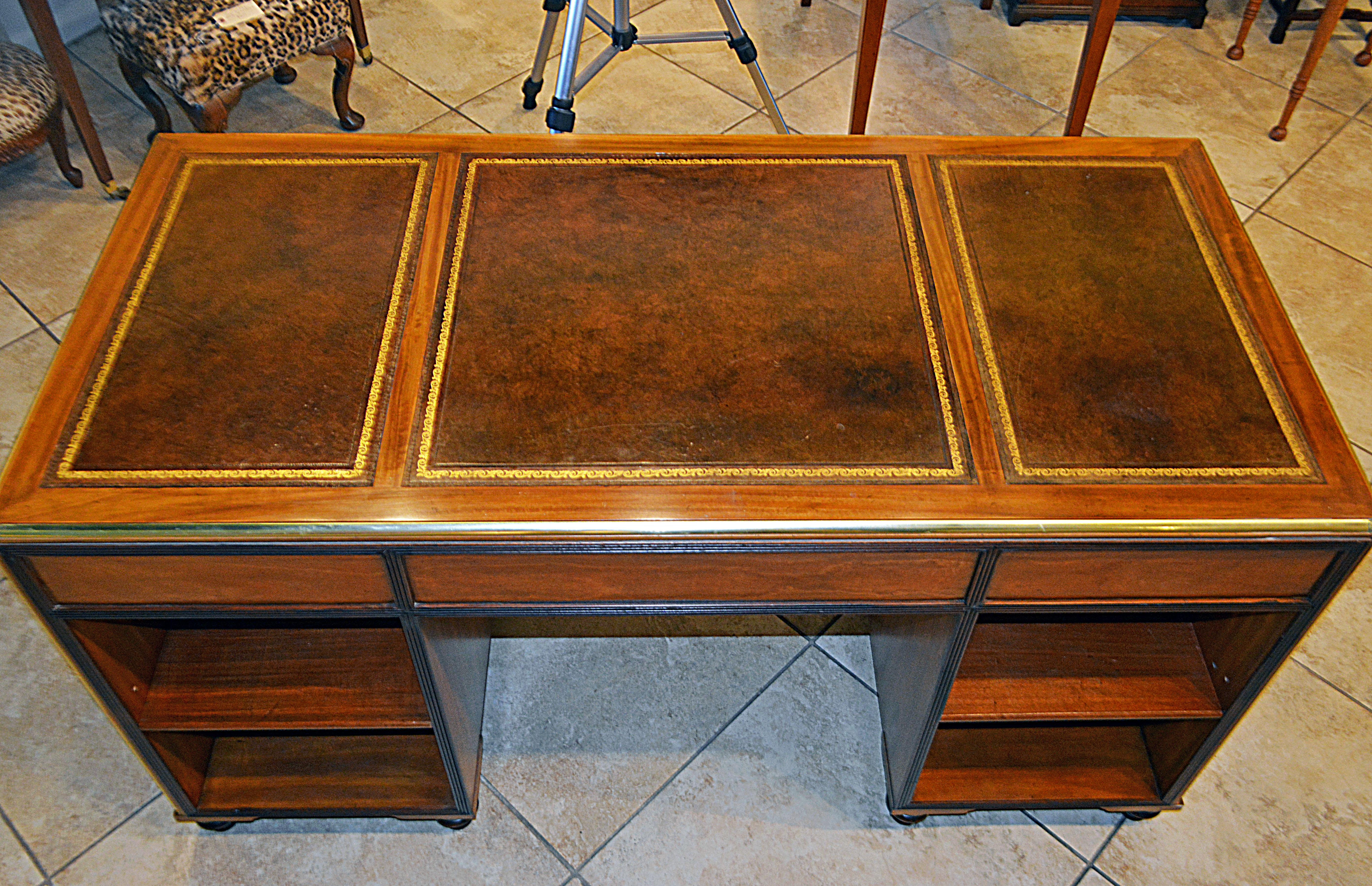 20th Century Mid Century Baker Colonial Campaign Style Satinwood and Brass Leather Top Desk