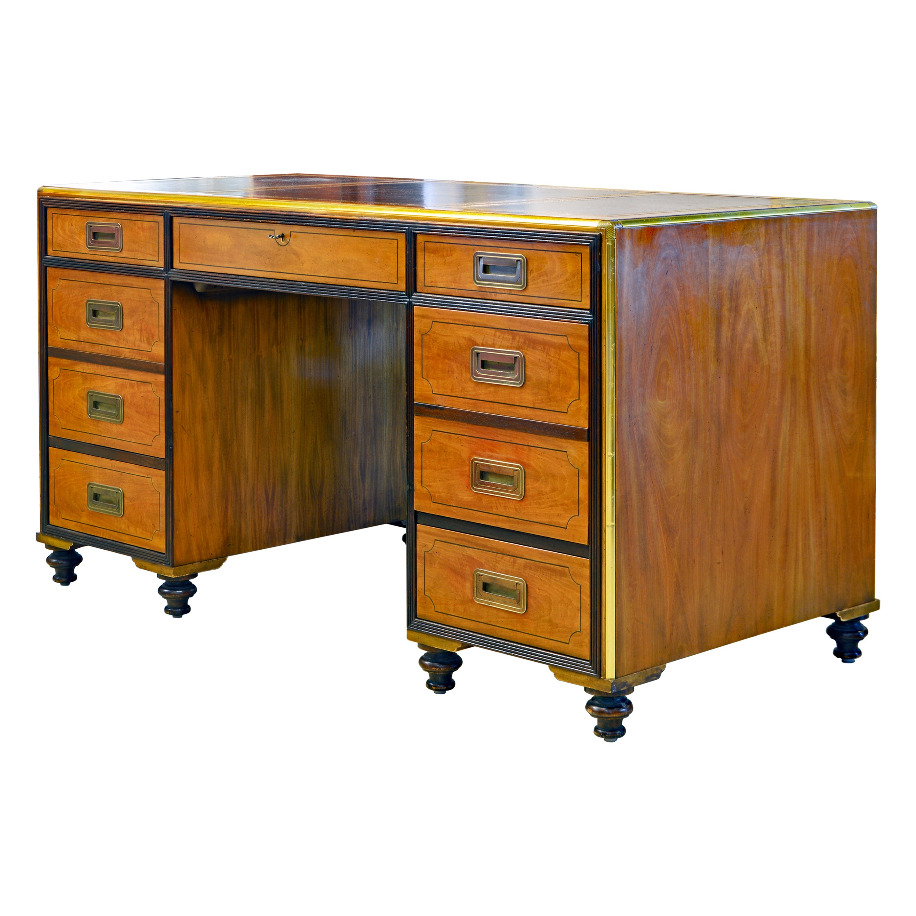 Mid Century Baker Colonial Campaign Style Satinwood and Brass Leather Top Desk