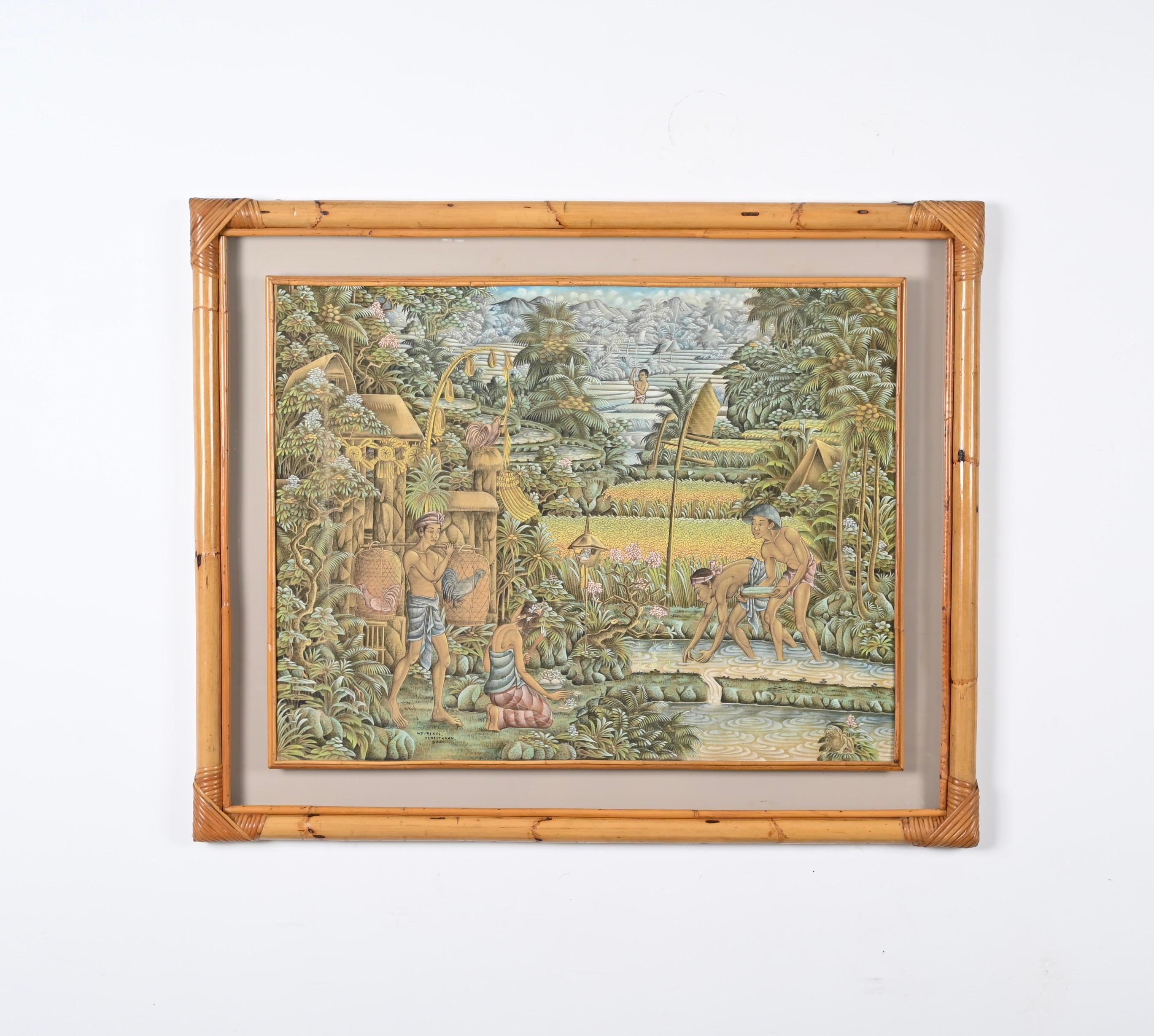 Mid-Century Balinese Painting on Silk with Bamboo and Woven Rattan Frame, 1960s For Sale 5