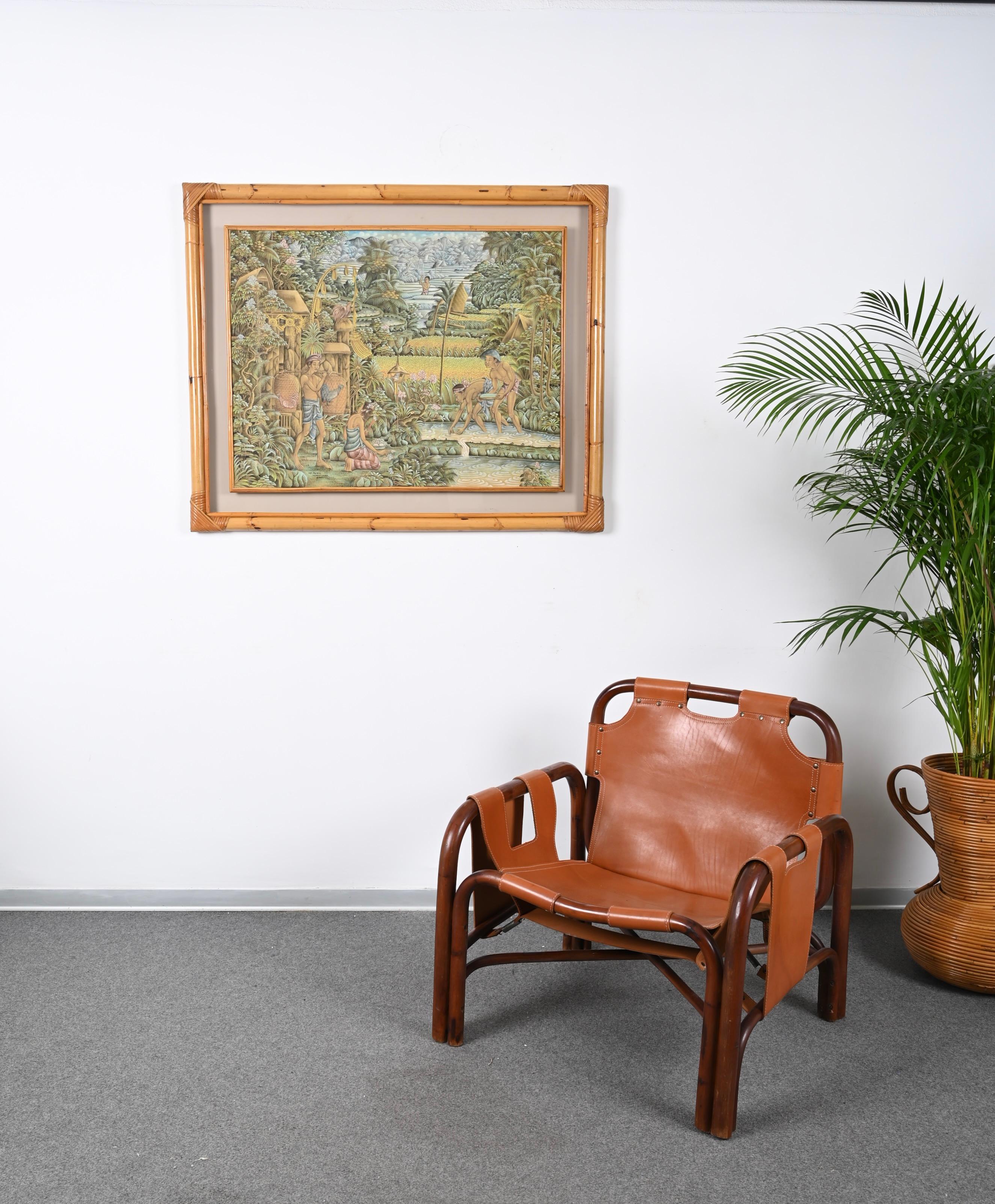 Mid-Century Balinese Painting on Silk with Bamboo and Woven Rattan Frame, 1960s For Sale 6