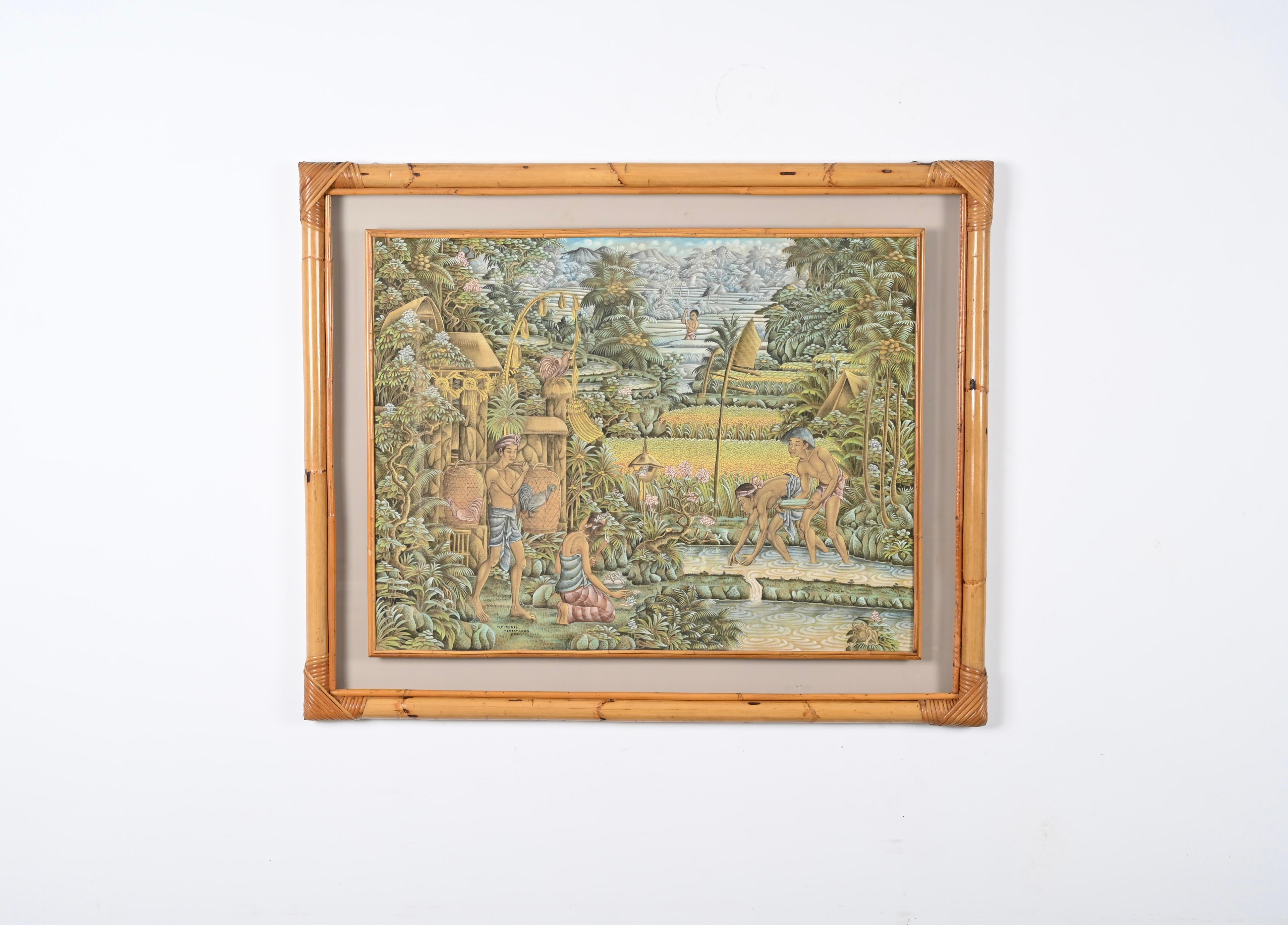 Mid-Century Balinese Painting on Silk with Bamboo and Woven Rattan Frame, 1960s For Sale 7
