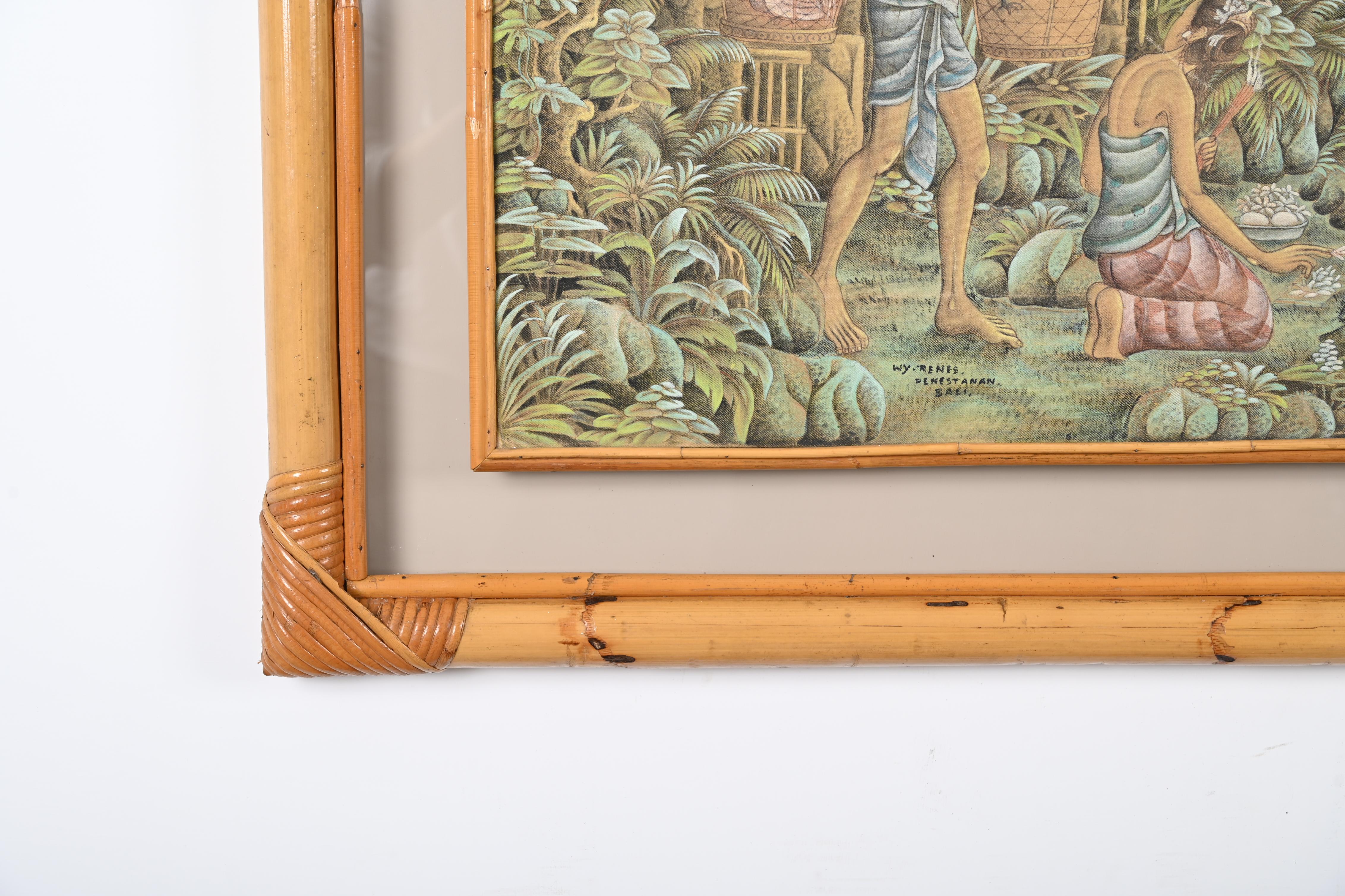 Balinesisches Gemälde aus der Mitte des Jahrhunderts auf Seide mit Bambus- und geflochtenem Rattanrahmen, 1960er Jahre im Angebot 8