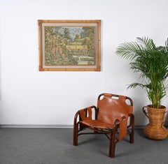 Quadro balinese di metà secolo su seta con cornice in bambù e rattan intrecciato, anni '60