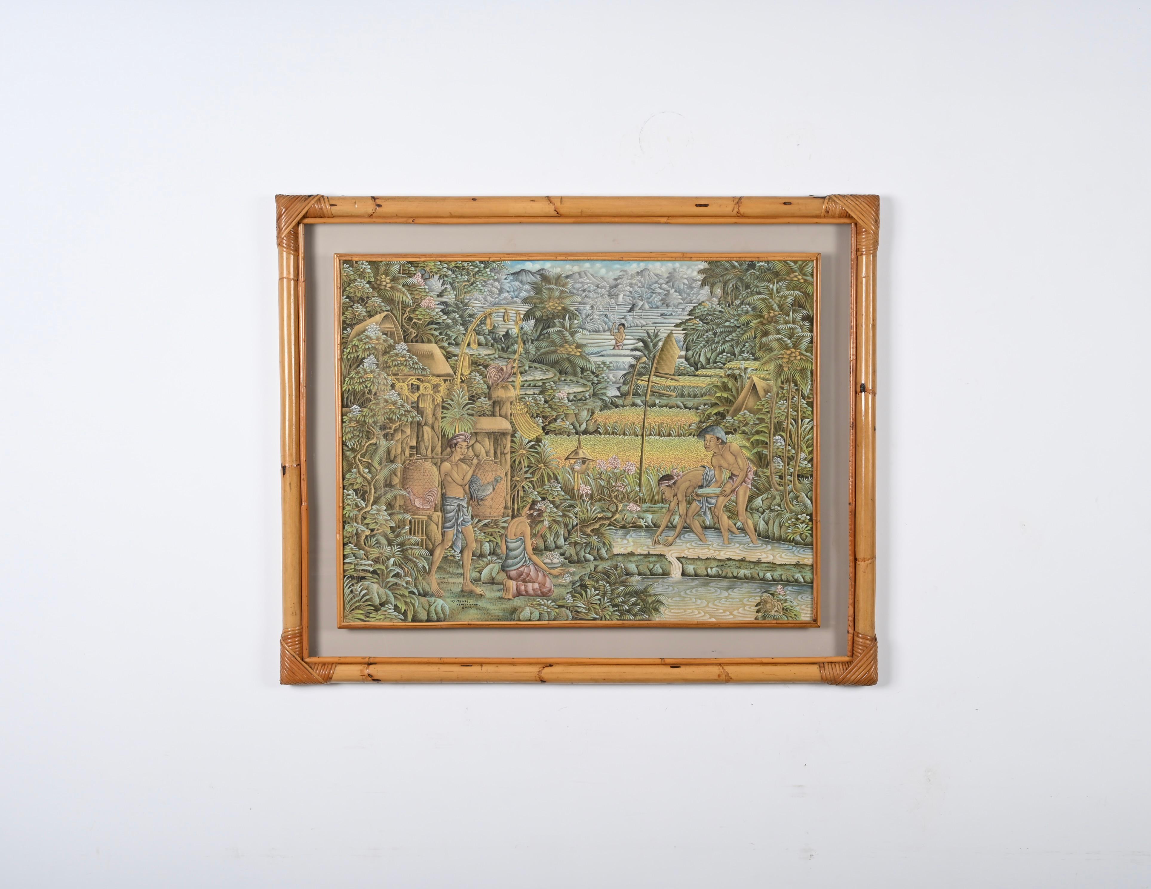 Mid-Century Modern Mid-Century Balinese Painting on Silk with Bamboo and Woven Rattan Frame, 1960s For Sale