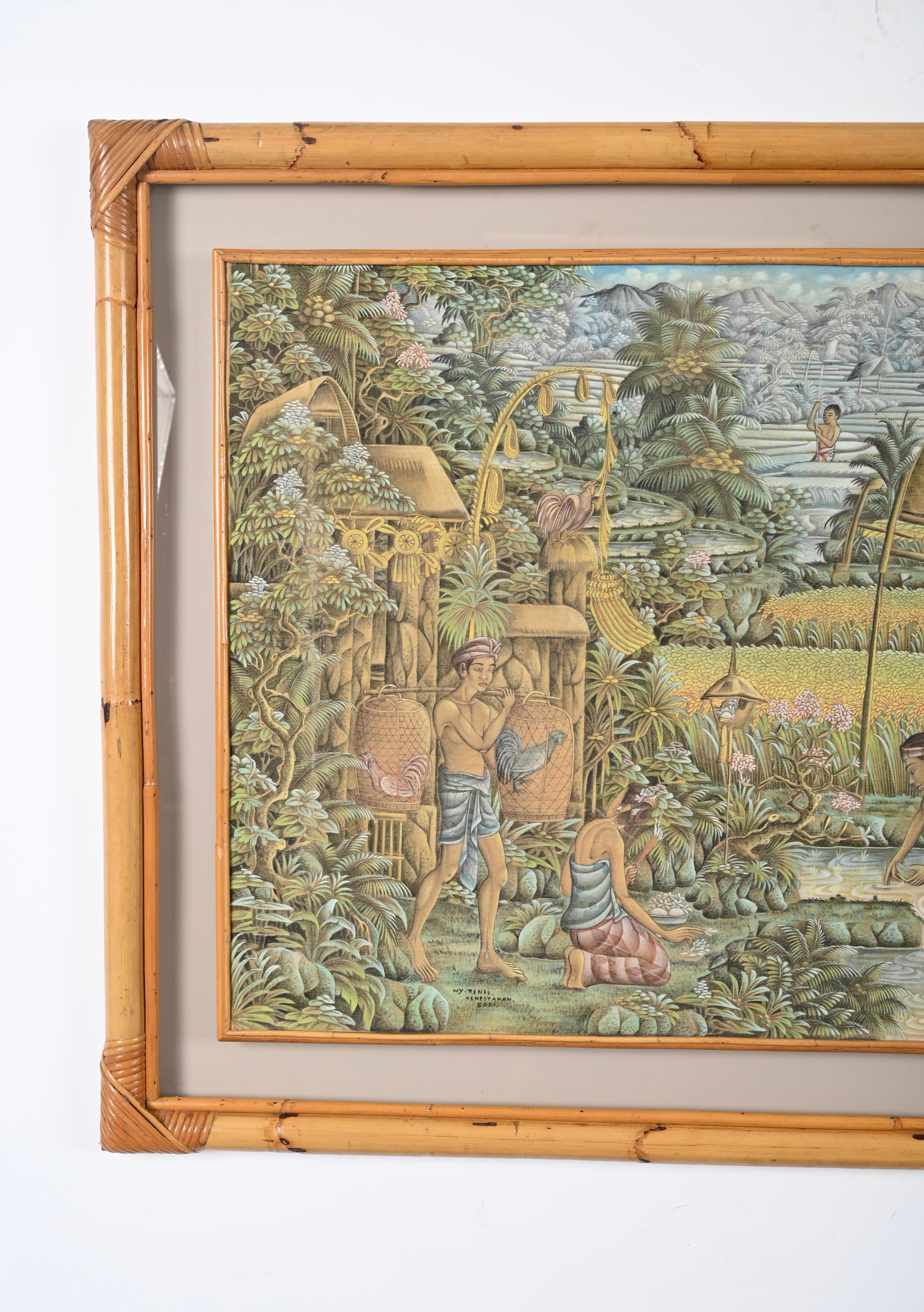 Italian Mid-Century Balinese Painting on Silk with Bamboo and Woven Rattan Frame, 1960s For Sale