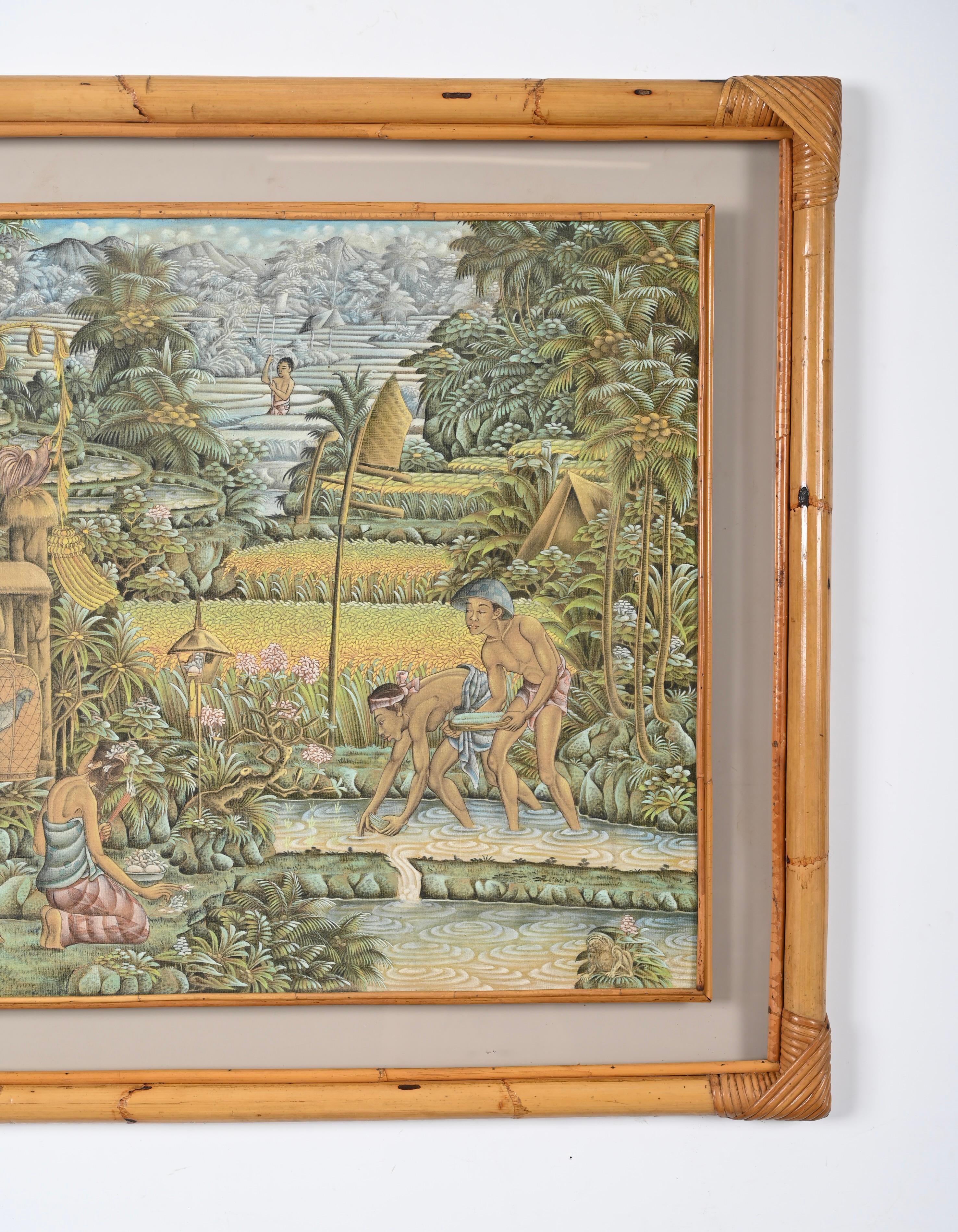 Hand-Painted Mid-Century Balinese Painting on Silk with Bamboo and Woven Rattan Frame, 1960s For Sale