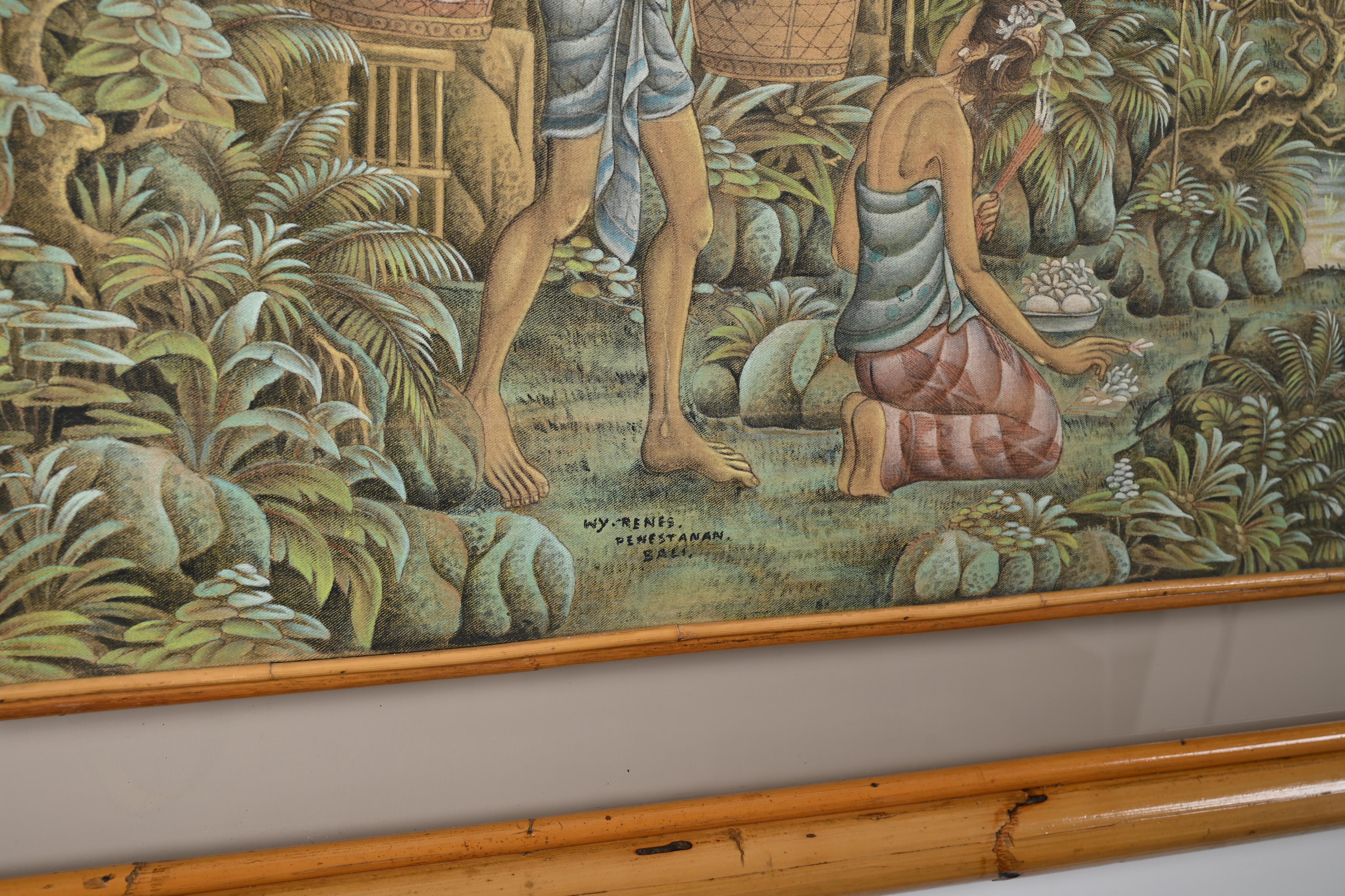 Mid-Century Balinese Painting on Silk with Bamboo and Woven Rattan Frame, 1960s In Good Condition For Sale In Roma, IT