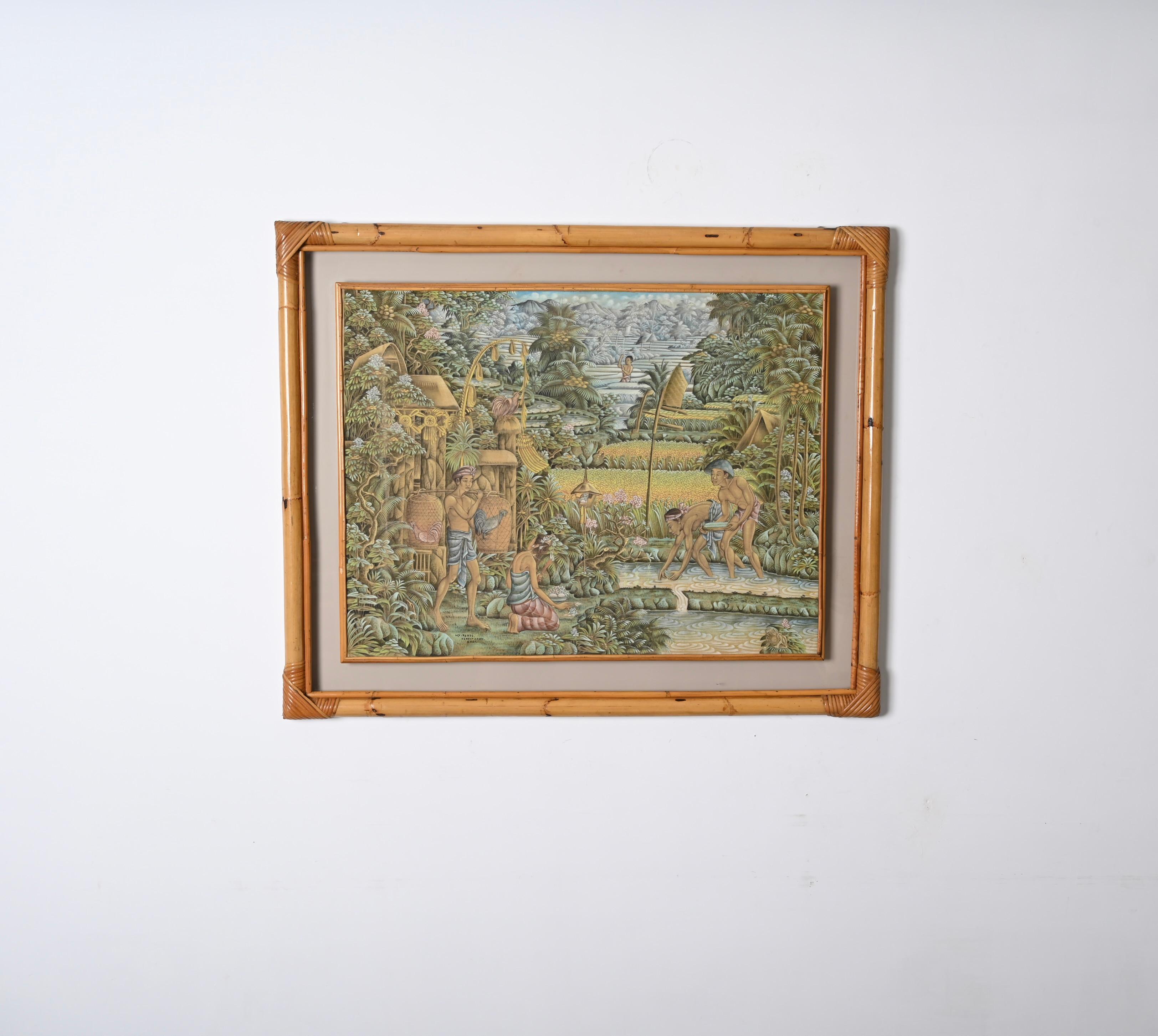 Mid-Century Balinese Painting on Silk with Bamboo and Woven Rattan Frame, 1960s For Sale 1