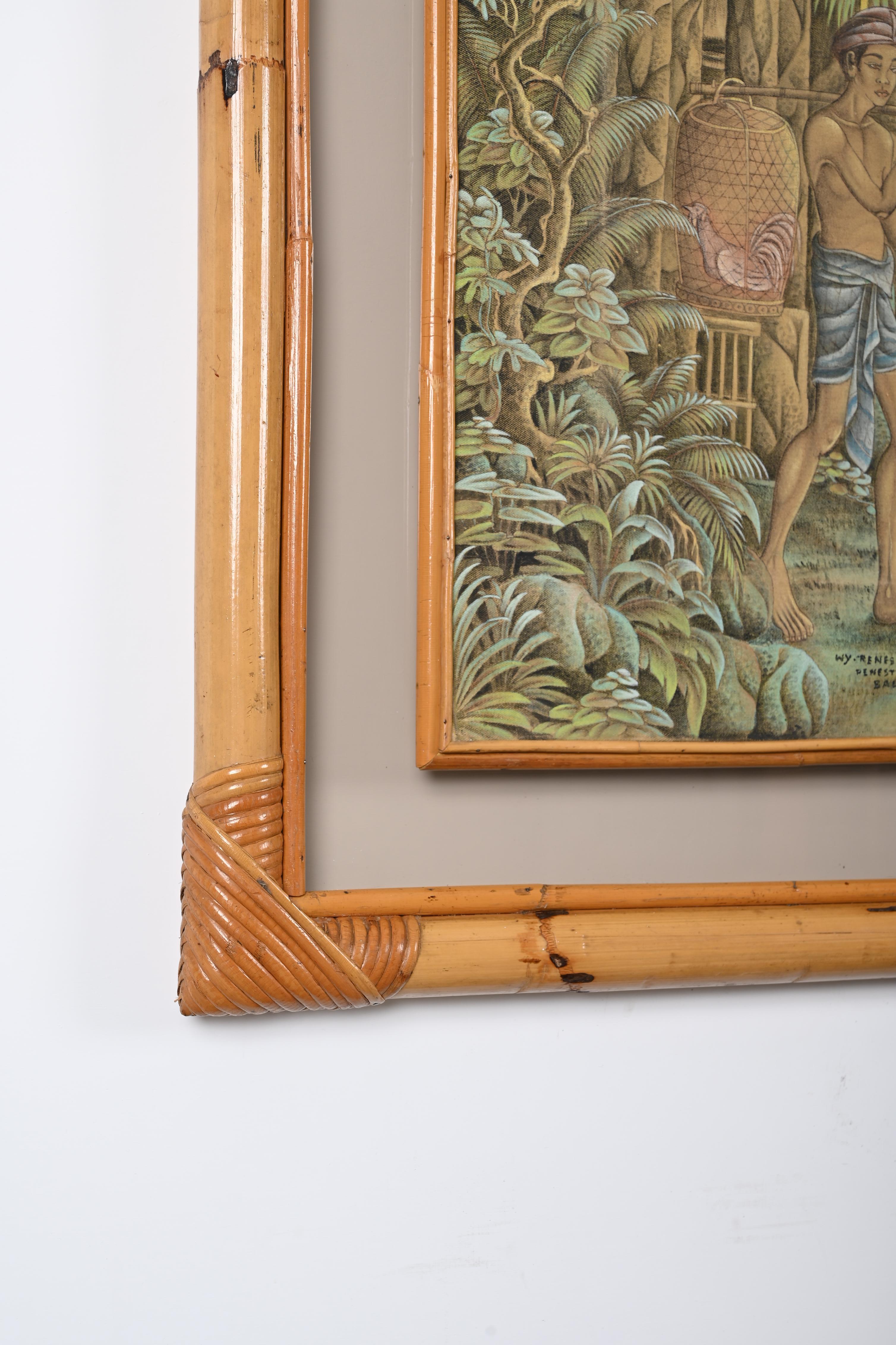 Balinesisches Gemälde aus der Mitte des Jahrhunderts auf Seide mit Bambus- und geflochtenem Rattanrahmen, 1960er Jahre im Angebot 2