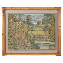 Mid-Century Balinese Painting on Silk with Bamboo and Woven Rattan Frame, 1960s