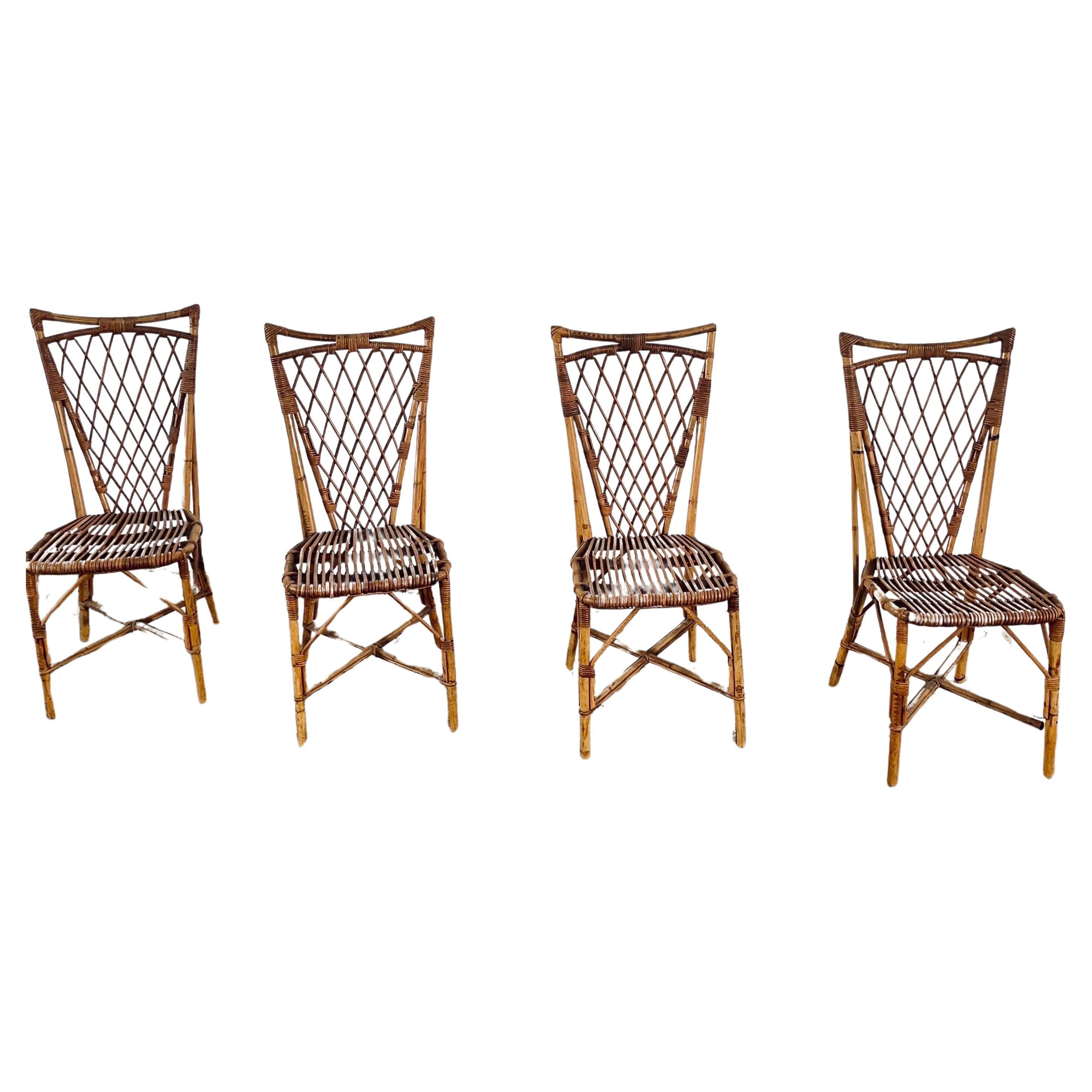 Mid-Century Bamboo and Cane Dining Room Chairs, France 1950s