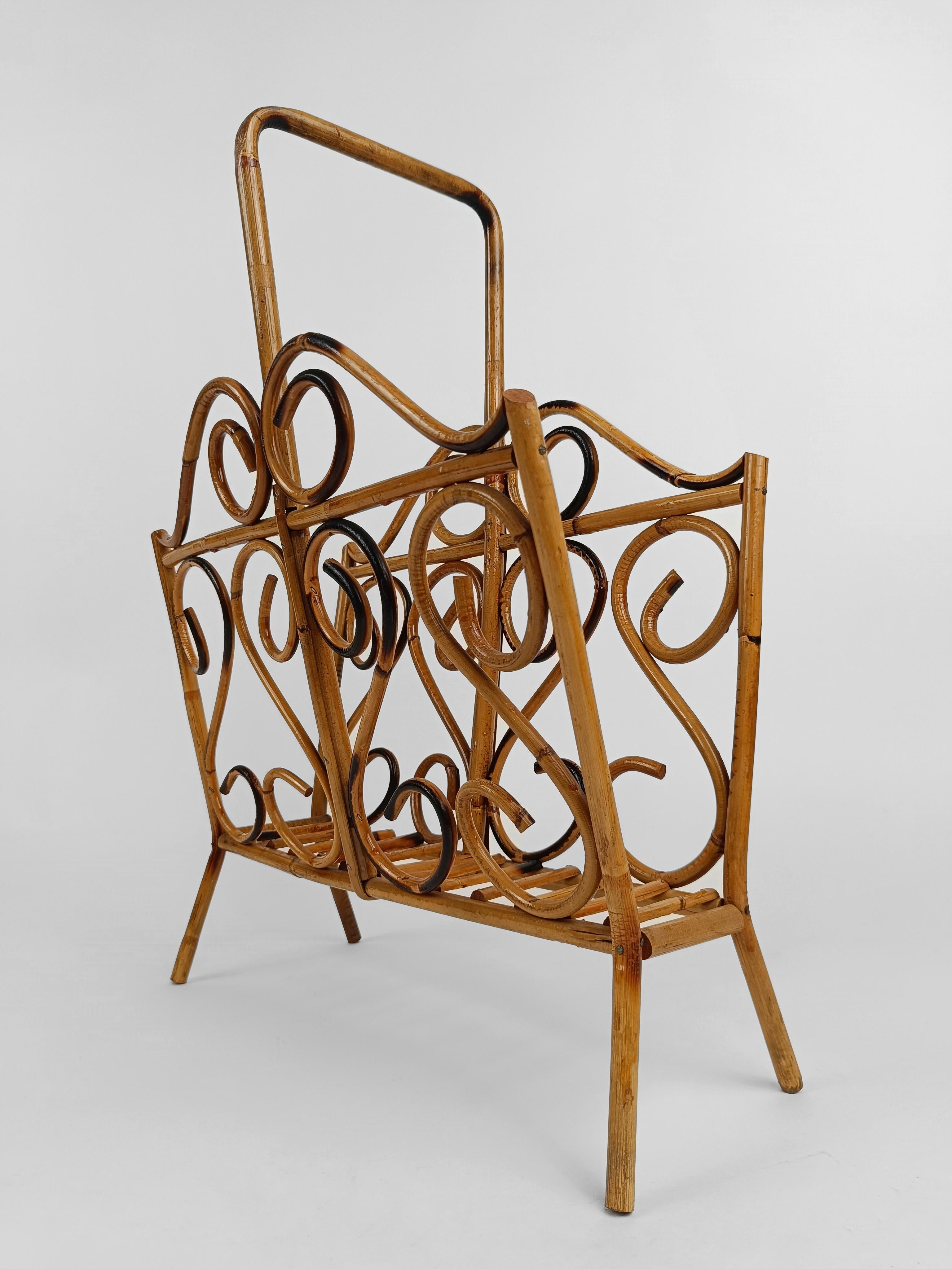 20th Century Mid Century Bamboo and Cane Magazine Rack in French Riviera Style, 1960s For Sale