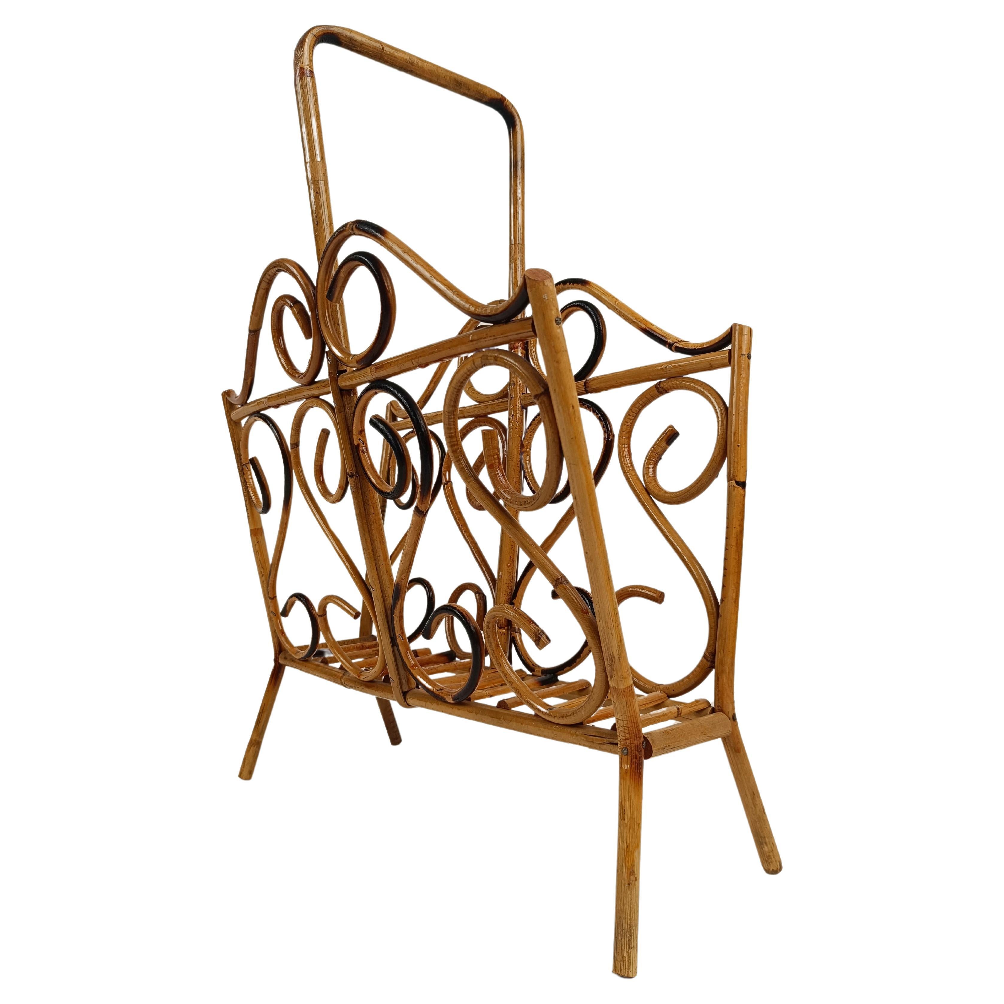Mid Century Bamboo and Cane Magazine Rack in French Riviera Style, 1960s