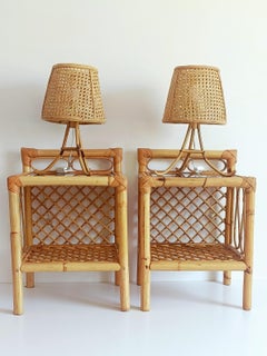 Mid-Century Bamboo and Cane Pair of Large Table Lamps By Louis Sognot, 1970s