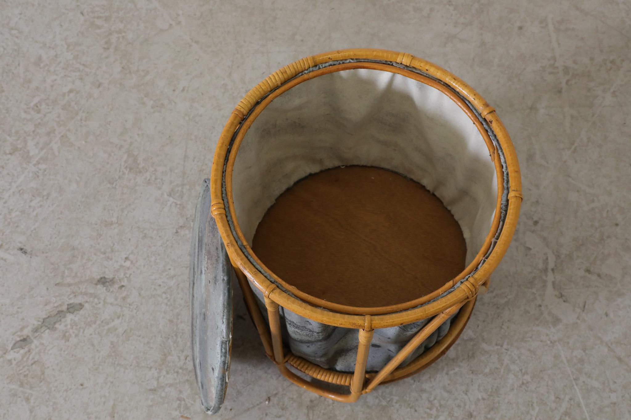 Mid-20th Century Mid-Century Bamboo and Fabric Sewing Storage Basket with Lid For Sale