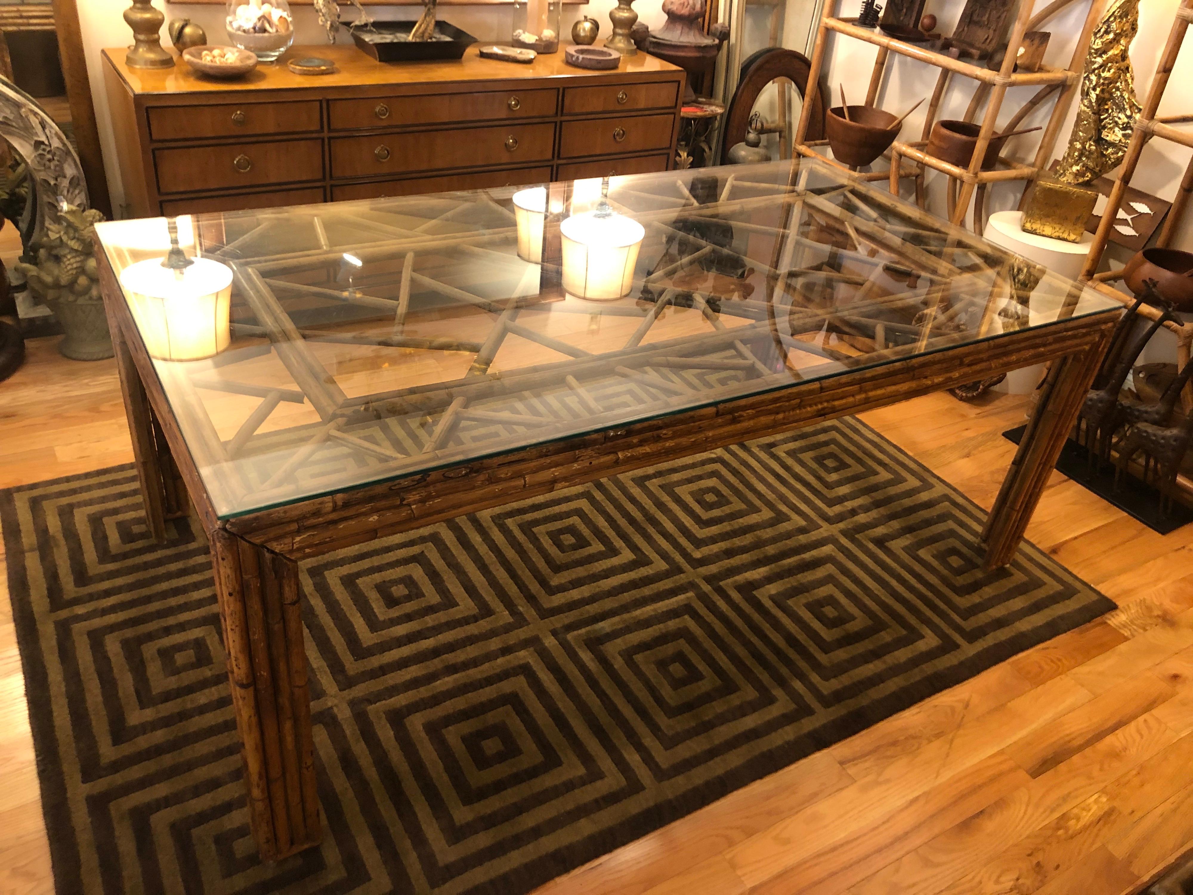 Bohemian Mid Century Bamboo and Glass Dining Table