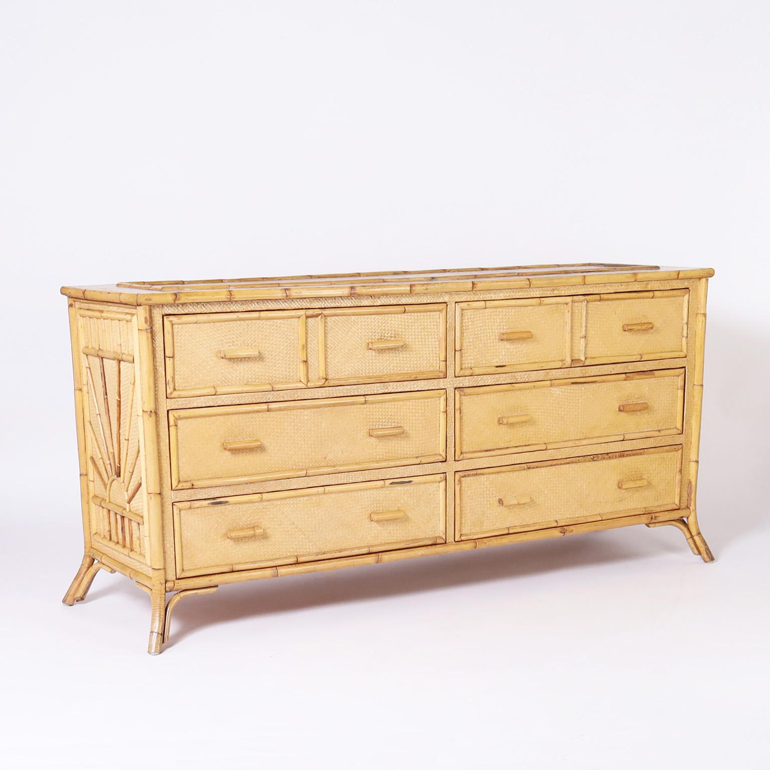 British Colonial Mid Century Bamboo and Grasscloth Chest of Drawers