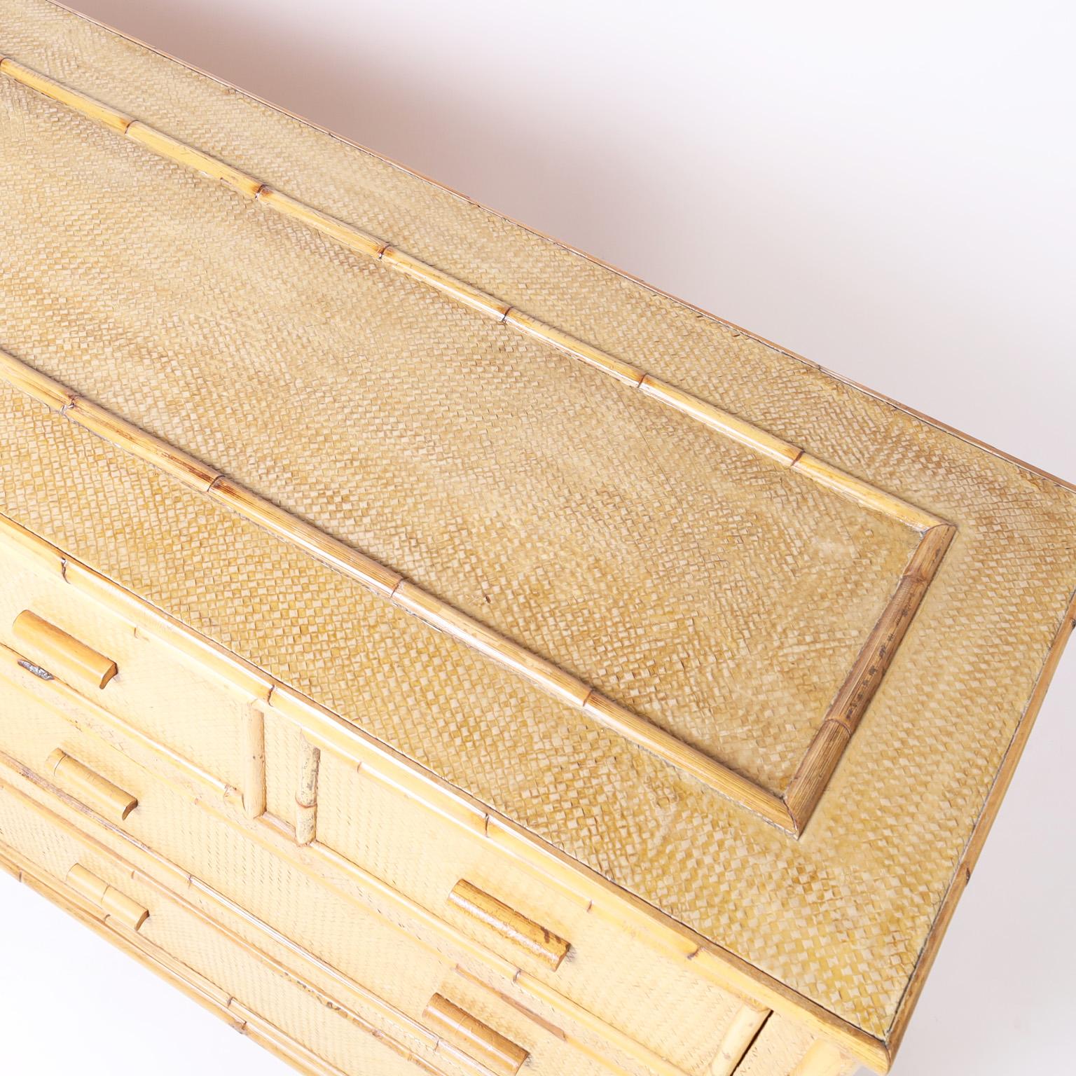 Hand-Woven Mid Century Bamboo and Grasscloth Chest of Drawers