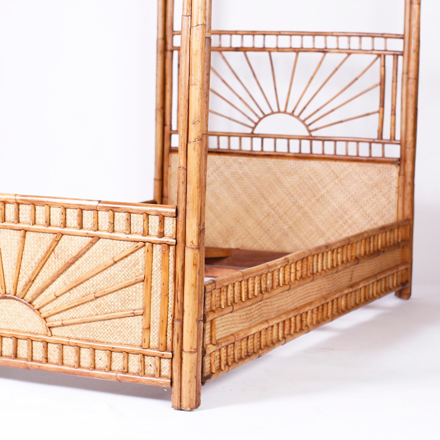 British Colonial style midcentury twin bed frame crafted in bamboo with grasscloth panels on the head and foot board, featuring rising sun motifs in the front, back and top.