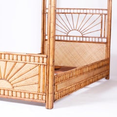 Midcentury Bamboo and Grasscloth Twin Canopy Bed Frame