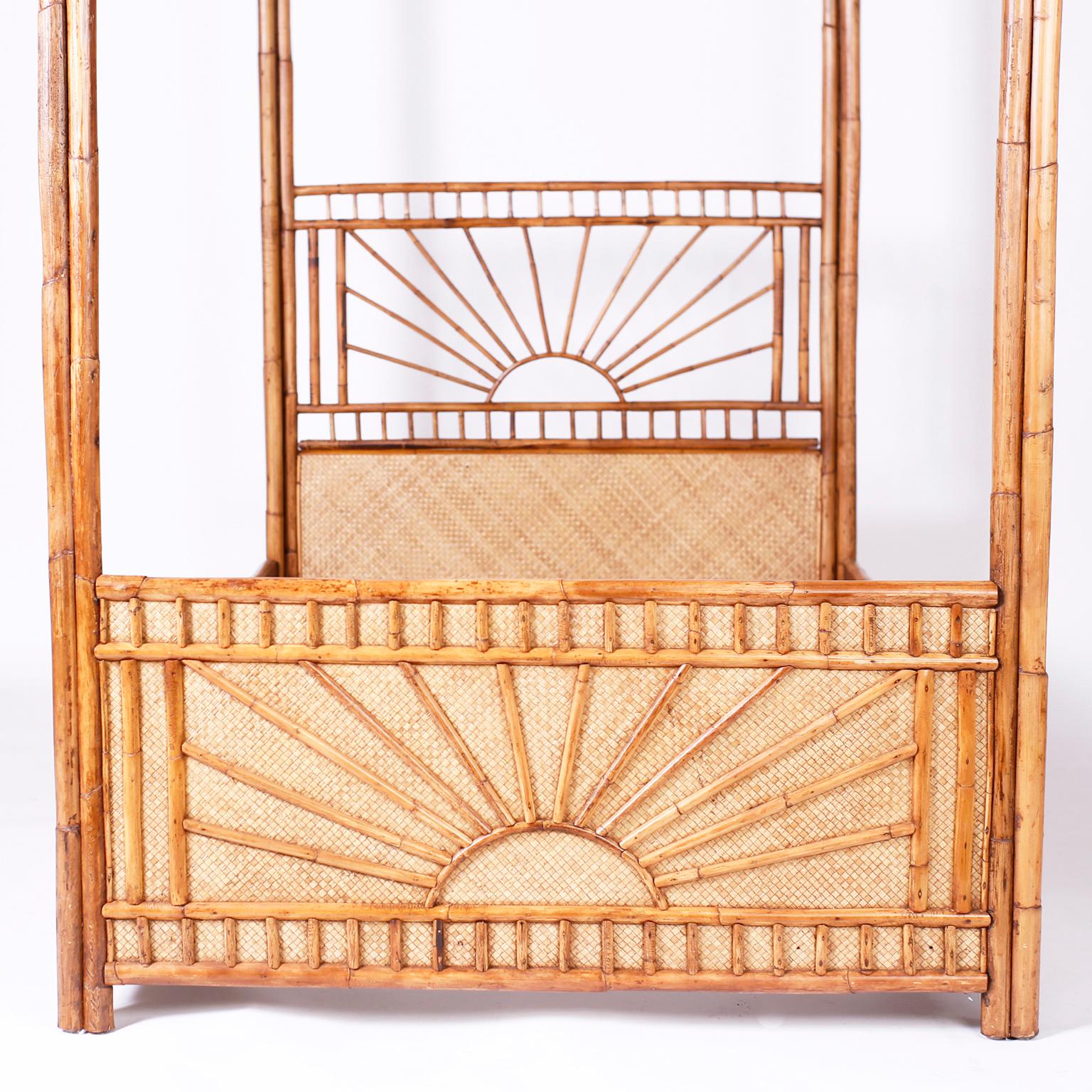 British Colonial Midcentury Bamboo and Grasscloth Twin Canopy Bed Frame