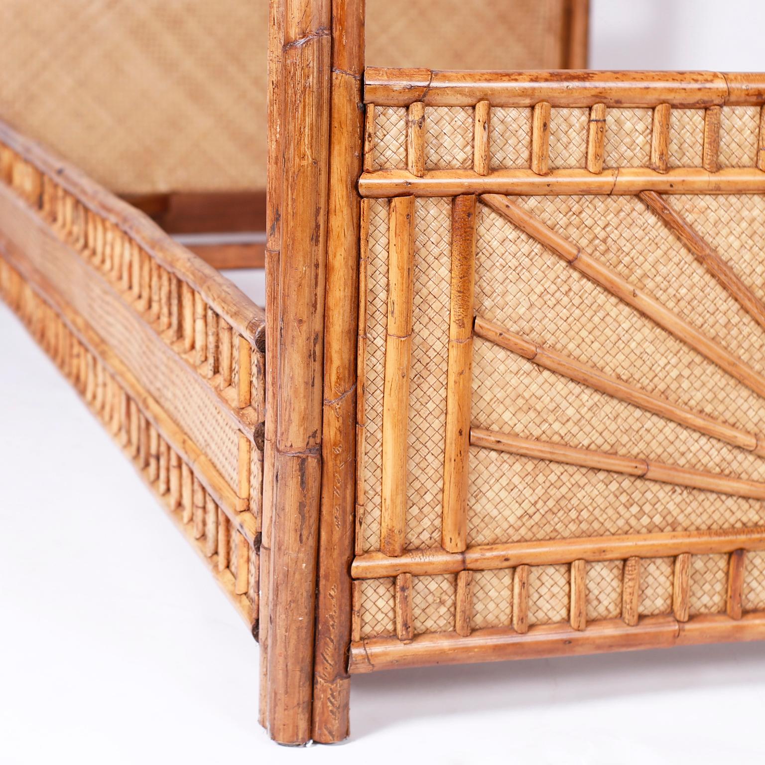 Midcentury Bamboo and Grasscloth Twin Canopy Bed Frame In Good Condition In Palm Beach, FL