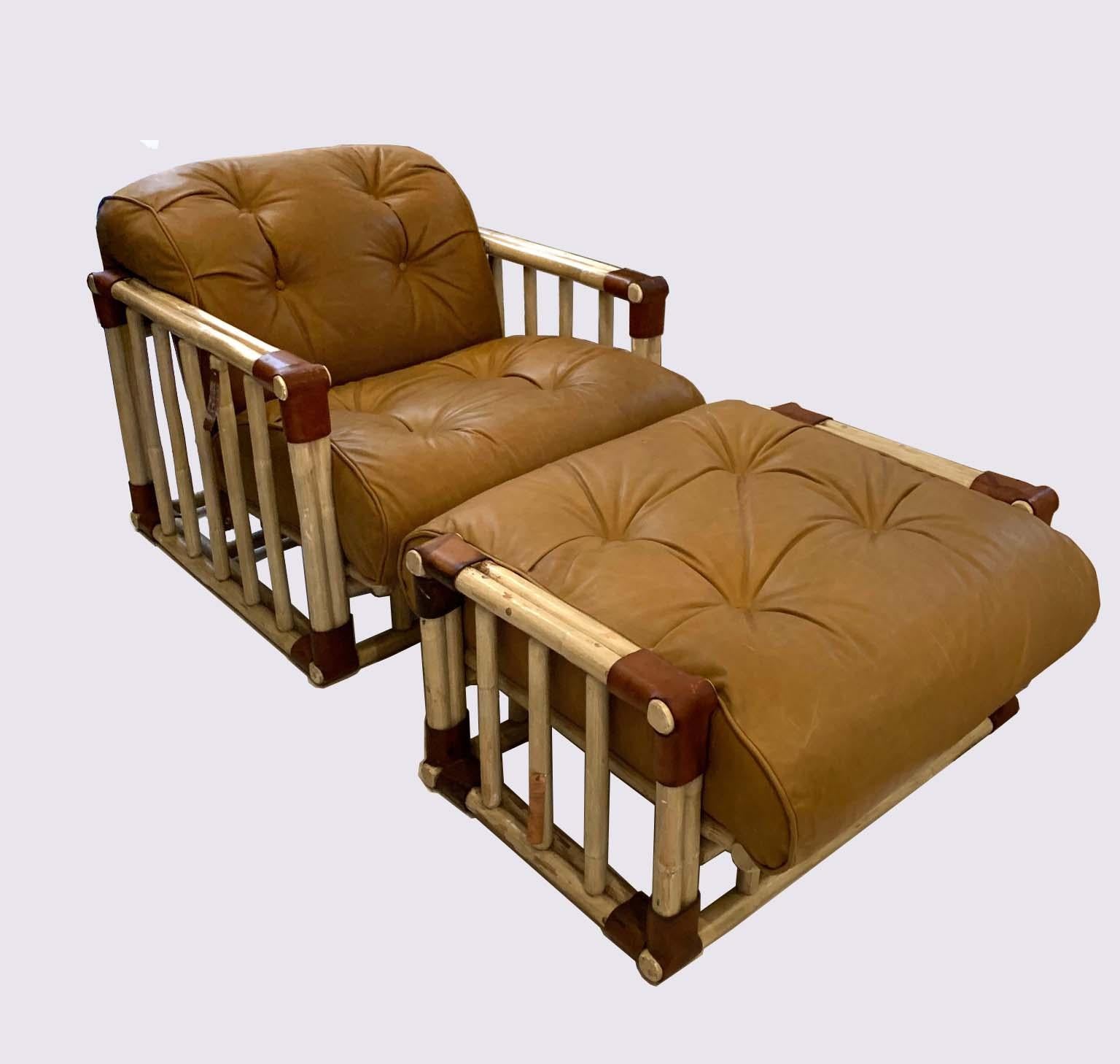 American Midcentury Bamboo and Leather Armchair and Ottoman