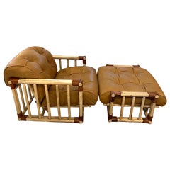 Midcentury Bamboo and Leather Armchair and Ottoman