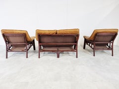 Mid Century Bamboo and Leather Sofa Set, 1970s