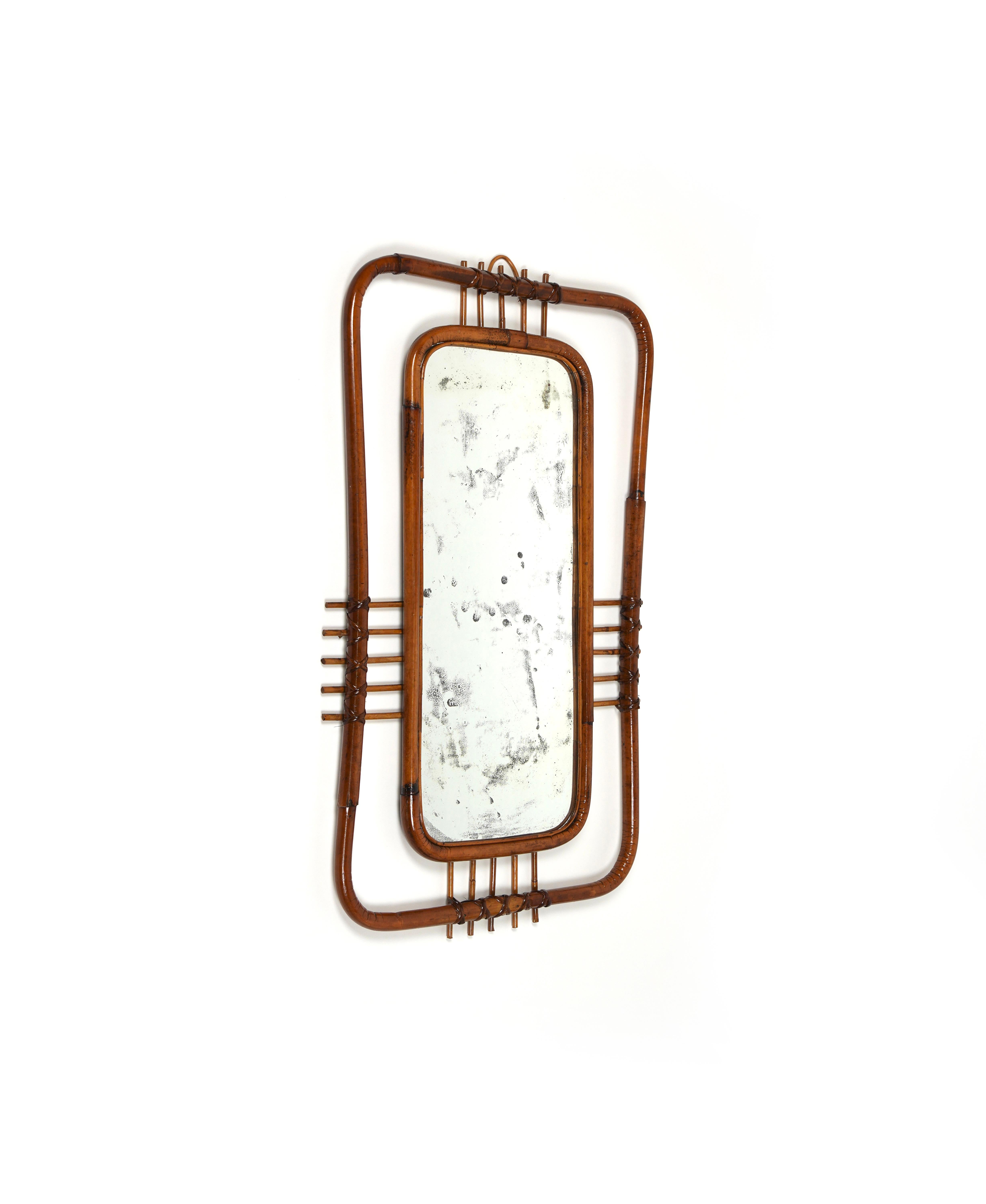 Mid-Century Modern Midcentury Bamboo and Rattan Geometric Wall Mirror, Italy, 1950s For Sale