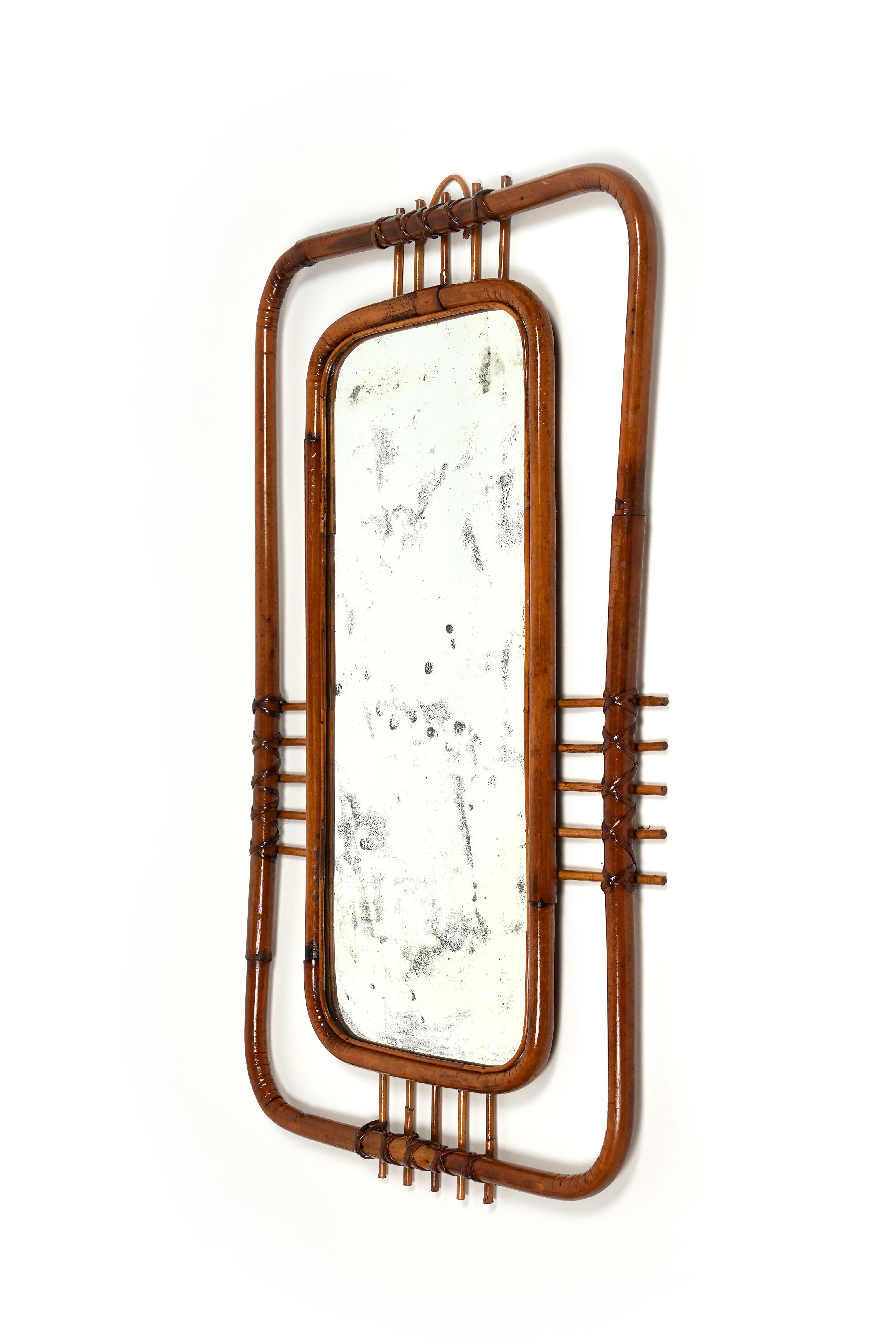 Italian Midcentury Bamboo and Rattan Geometric Wall Mirror, Italy, 1950s For Sale