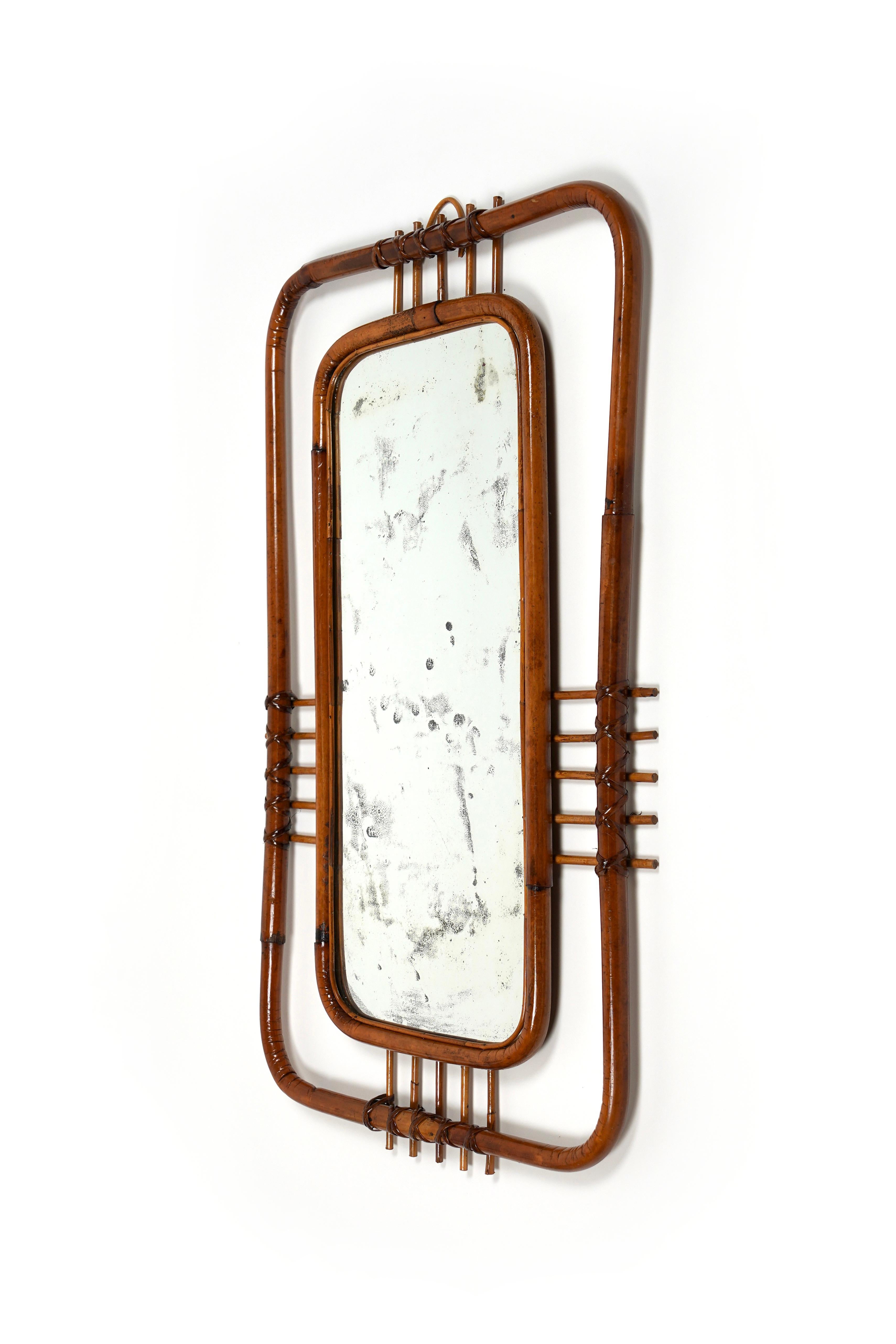 Midcentury Bamboo and Rattan Geometric Wall Mirror, Italy, 1950s In Good Condition For Sale In Rome, IT