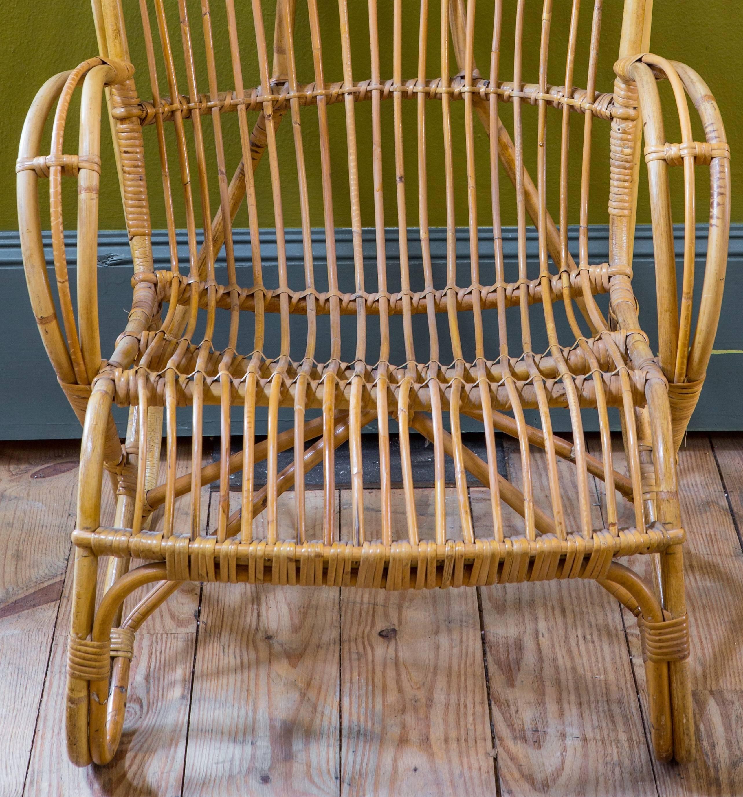 European Midcentury Bamboo and Rattan Lounge Chair