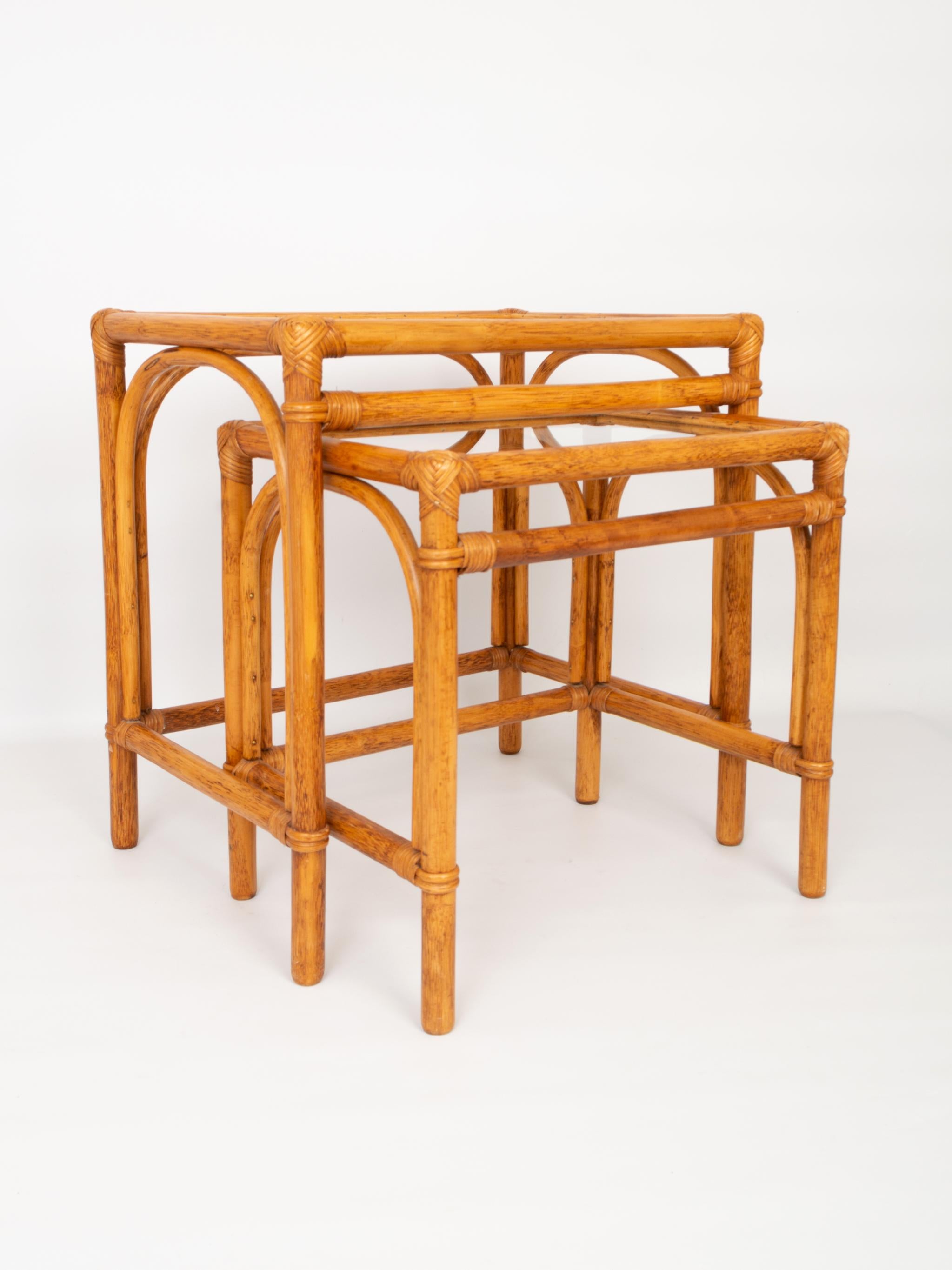 Mid-Century Modern Mid Century Bamboo and Rattan Nesting Tables Side End Tables, Italy, C.1960