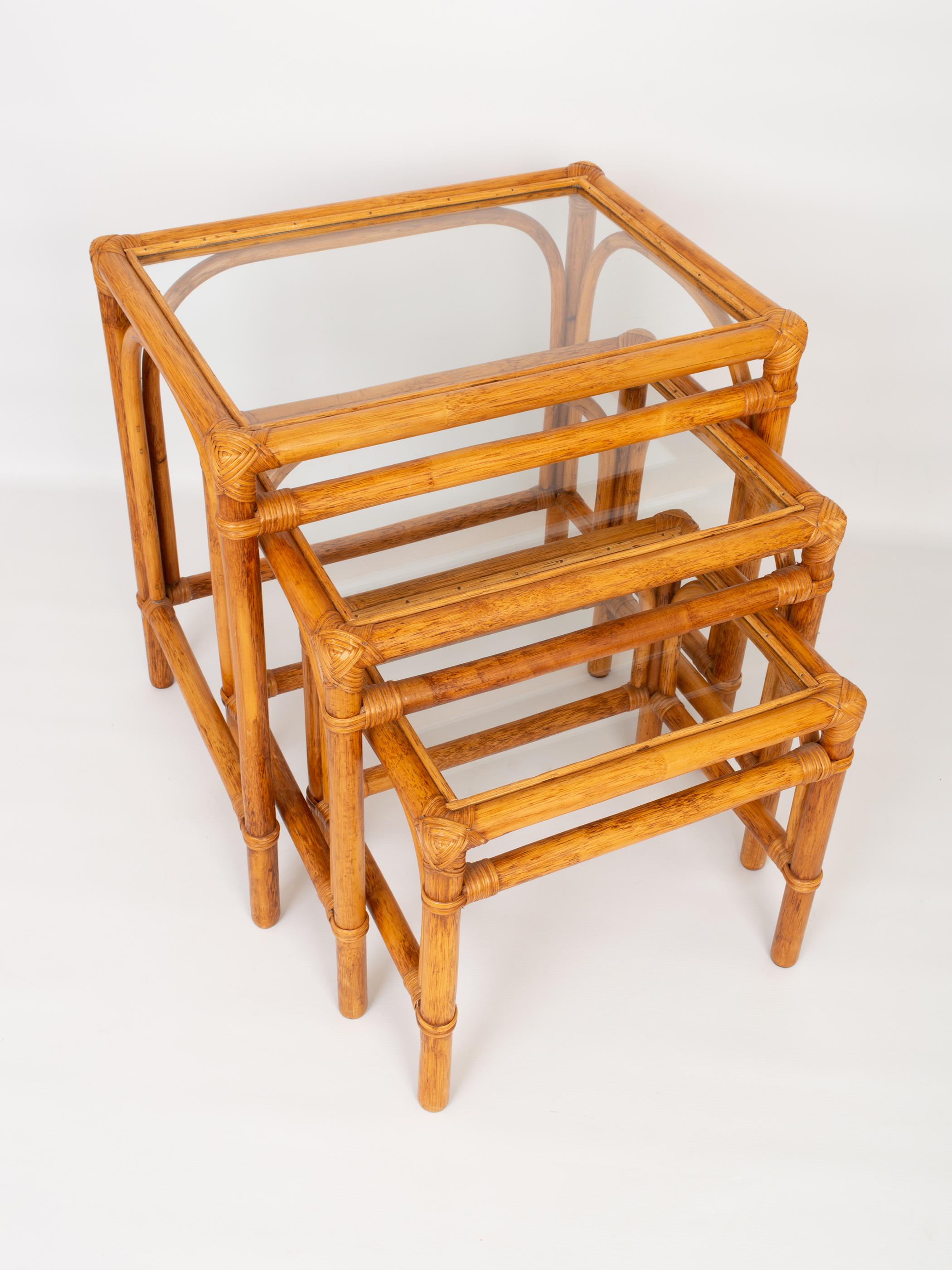 Italian Mid Century Bamboo and Rattan Nesting Tables Side End Tables, Italy, C.1960