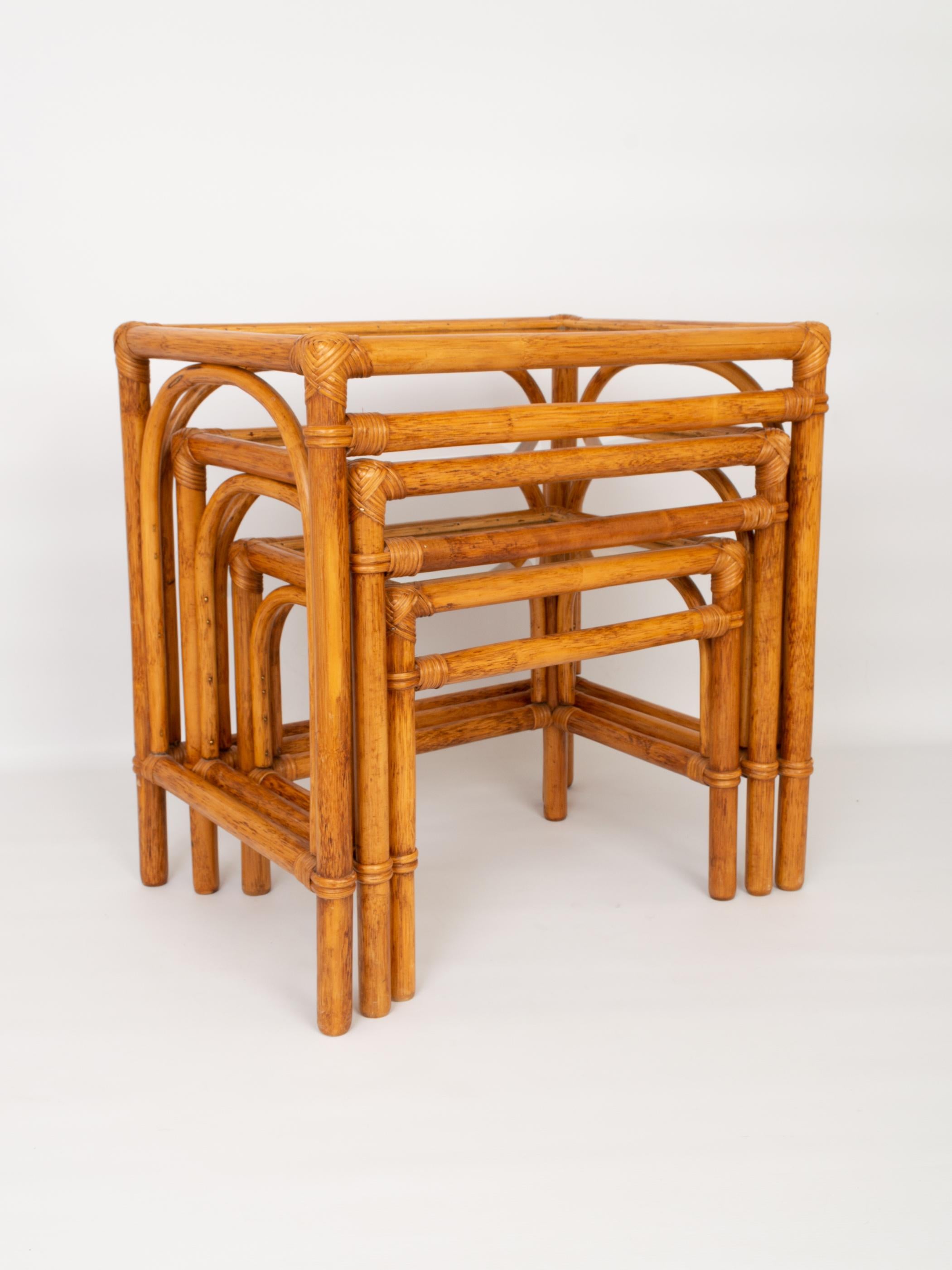 20th Century Mid Century Bamboo and Rattan Nesting Tables Side End Tables, Italy, C.1960
