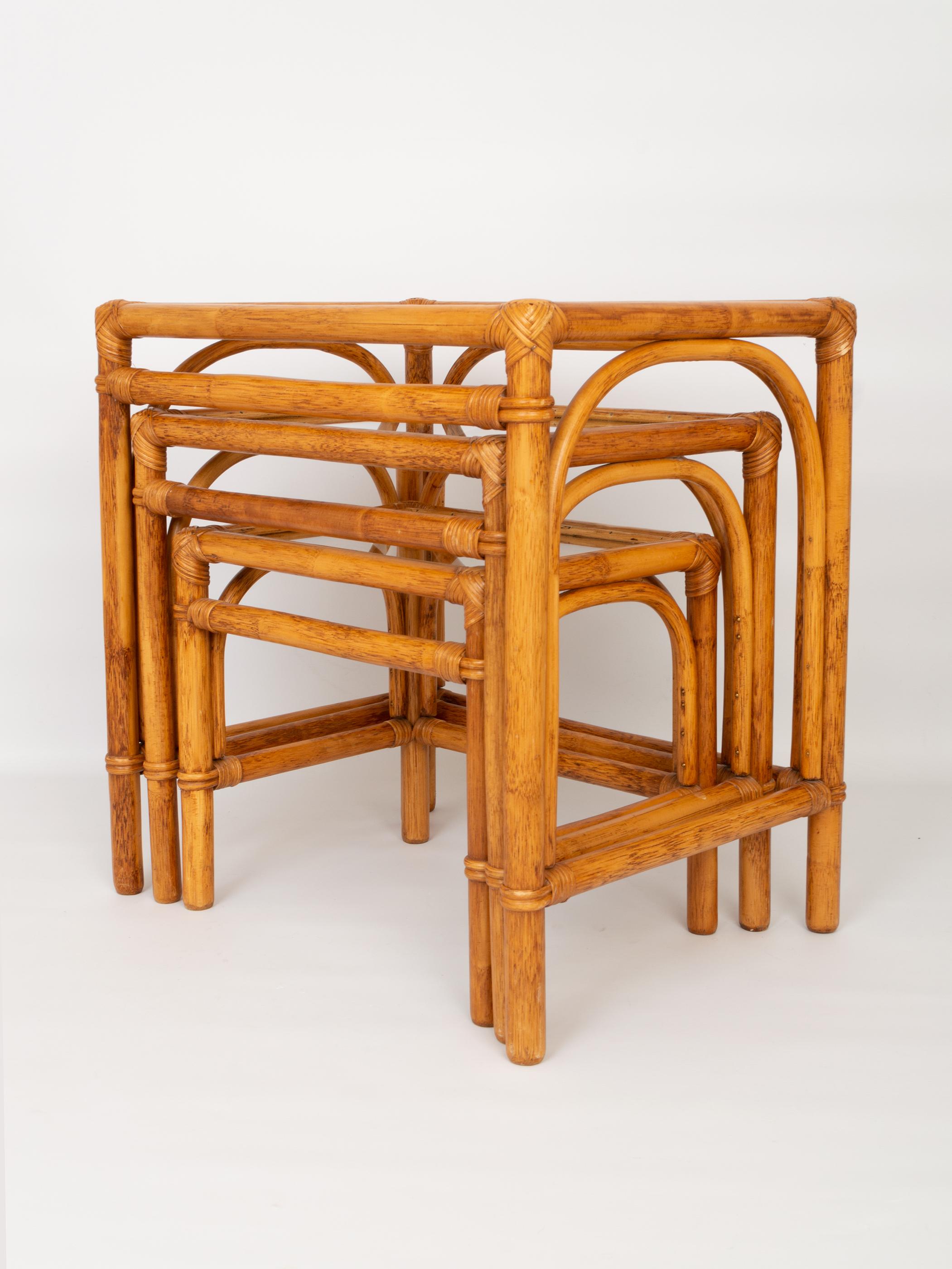 Mid Century Bamboo and Rattan Nesting Tables Side End Tables, Italy, C.1960 1