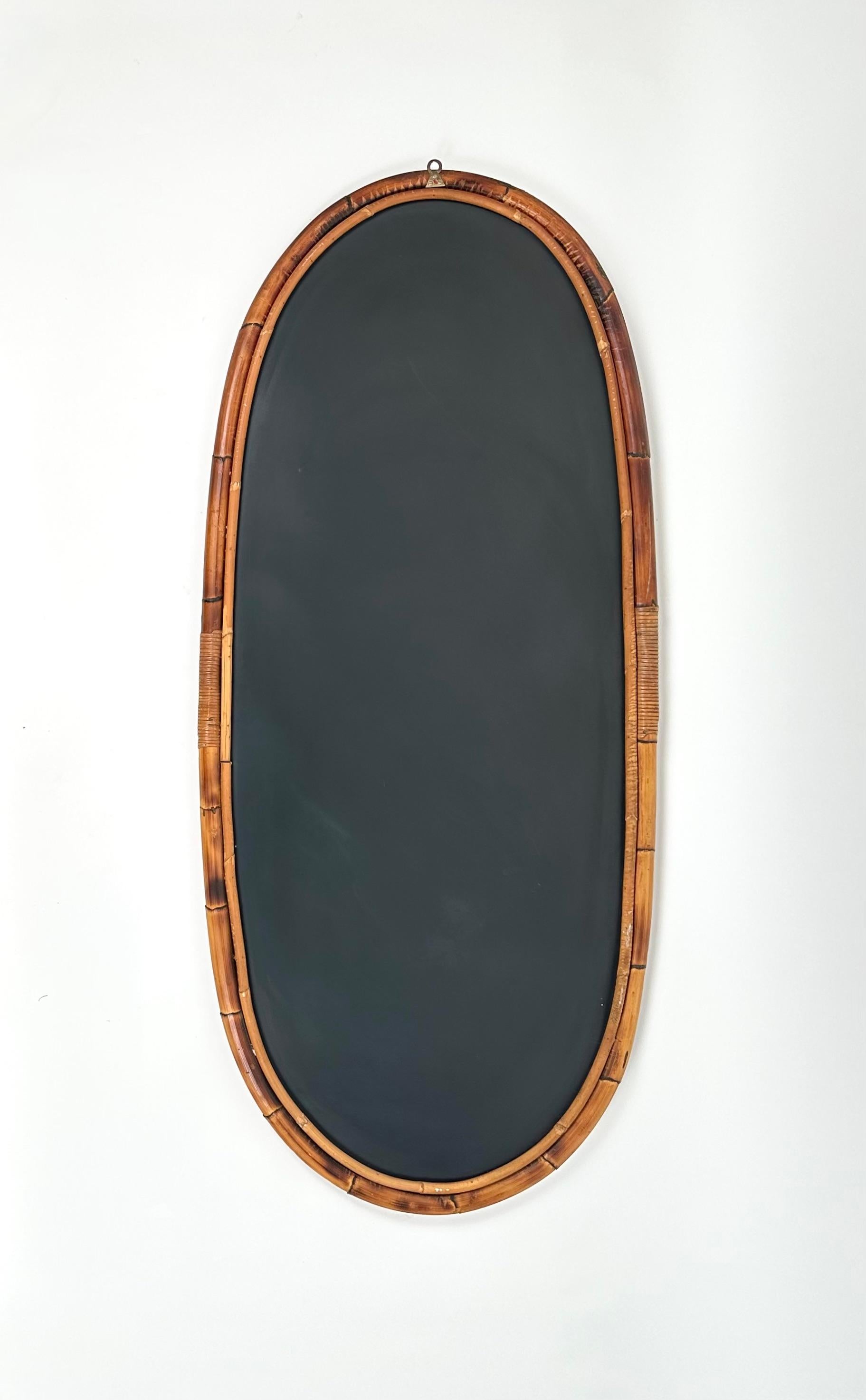 Mid-Century Bamboo and Rattan Oval Wall Mirror, Italy, 1960s For Sale 4
