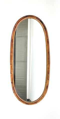 Mid-Century Bamboo and Rattan Oval Wall Mirror, Italy, 1960s