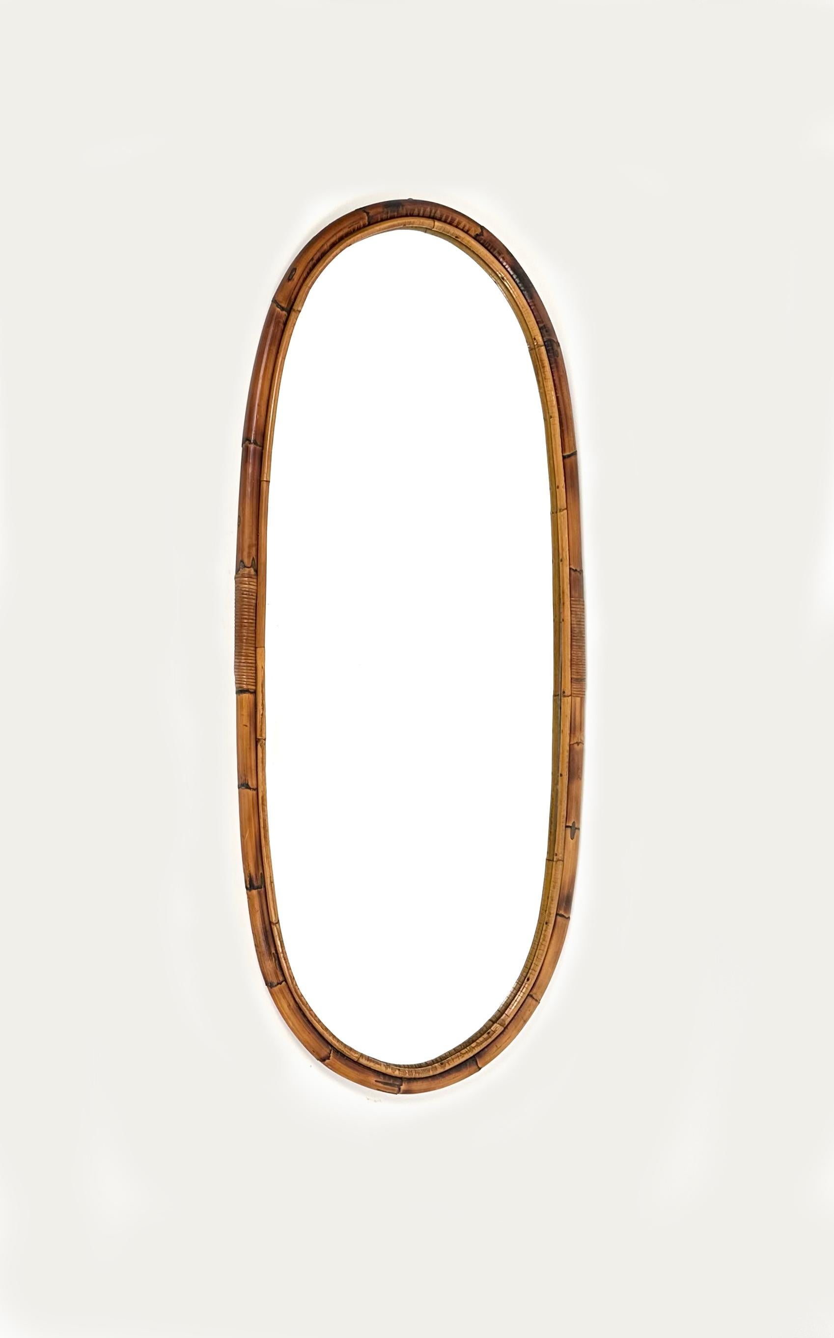 Mid-Century Modern Mid-Century Bamboo and Rattan Oval Wall Mirror, Italy, 1960s For Sale
