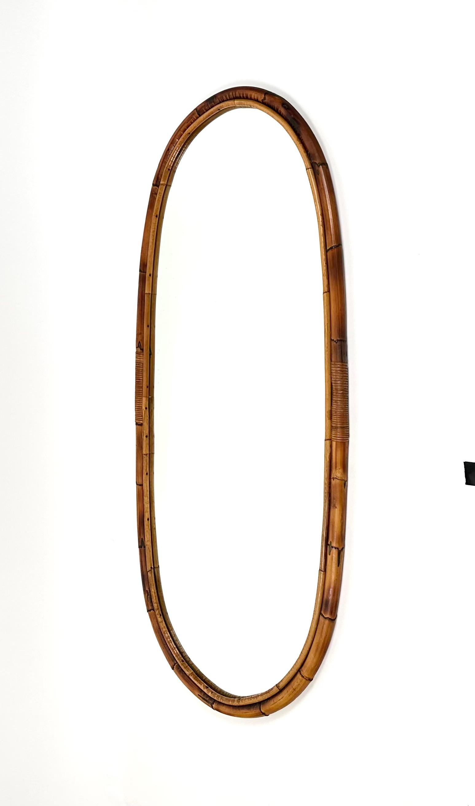 Italian Mid-Century Bamboo and Rattan Oval Wall Mirror, Italy, 1960s For Sale