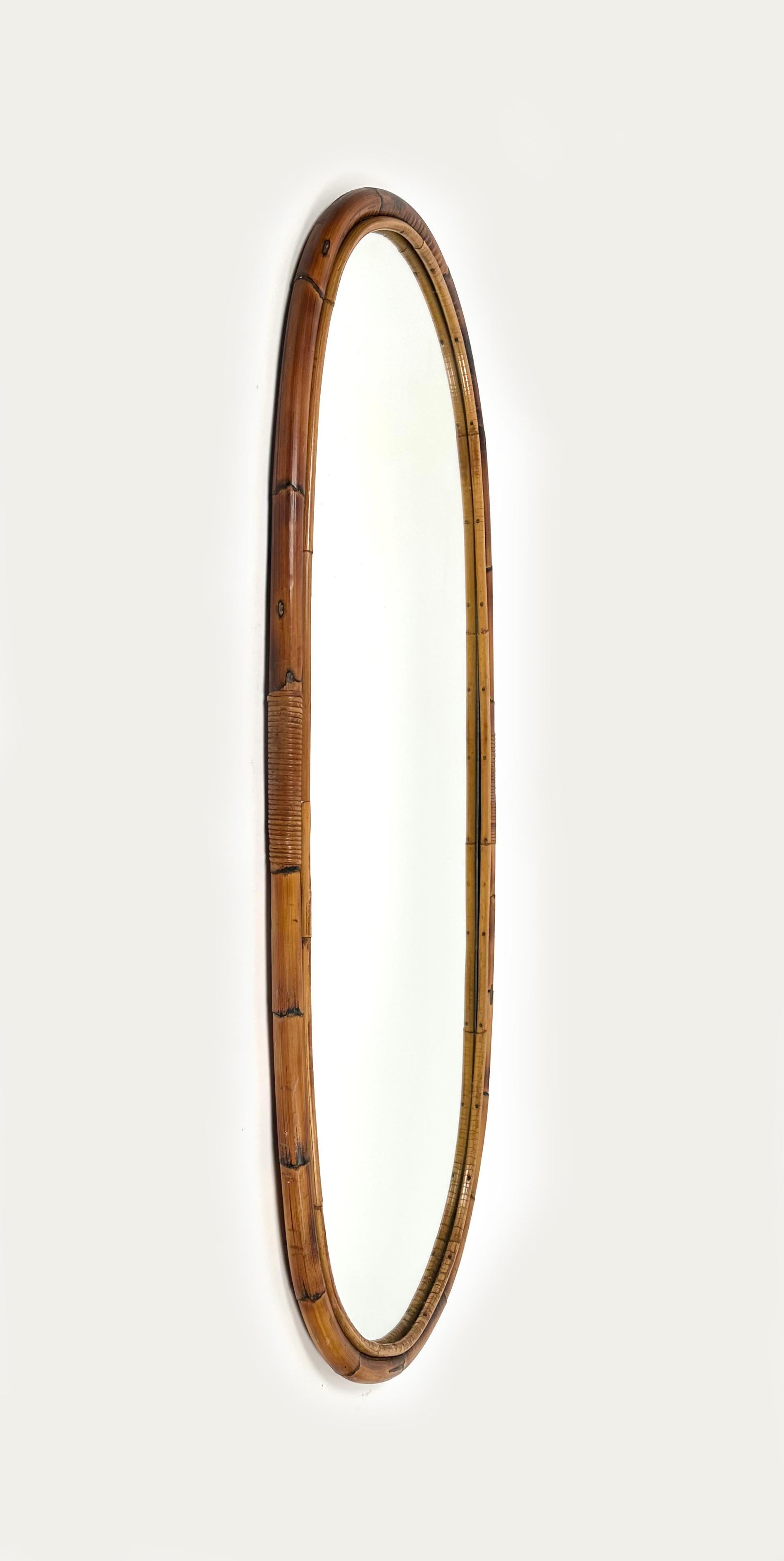 Mid-20th Century Mid-Century Bamboo and Rattan Oval Wall Mirror, Italy, 1960s For Sale