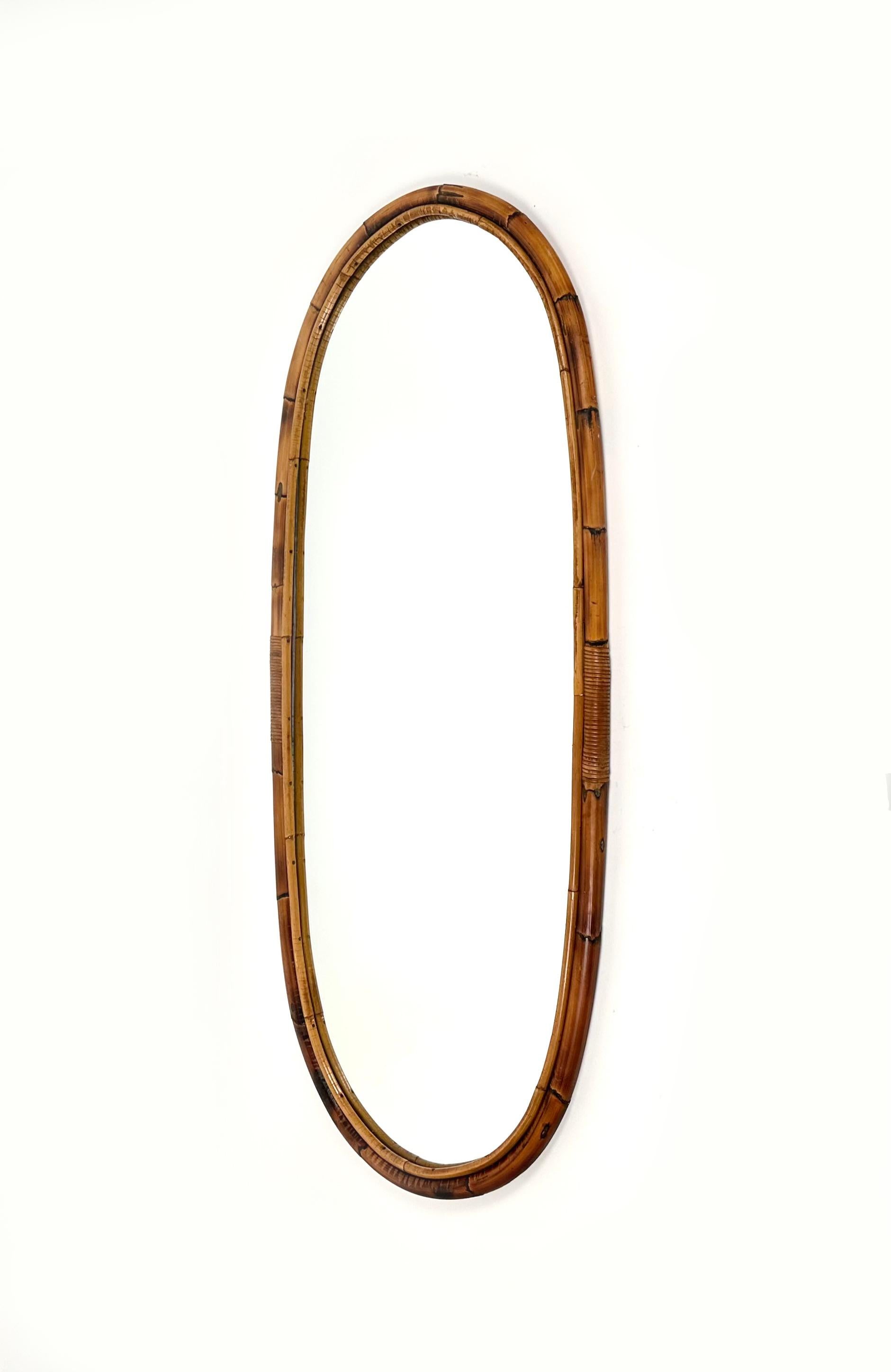 Mid-Century Bamboo and Rattan Oval Wall Mirror, Italy, 1960s For Sale 1
