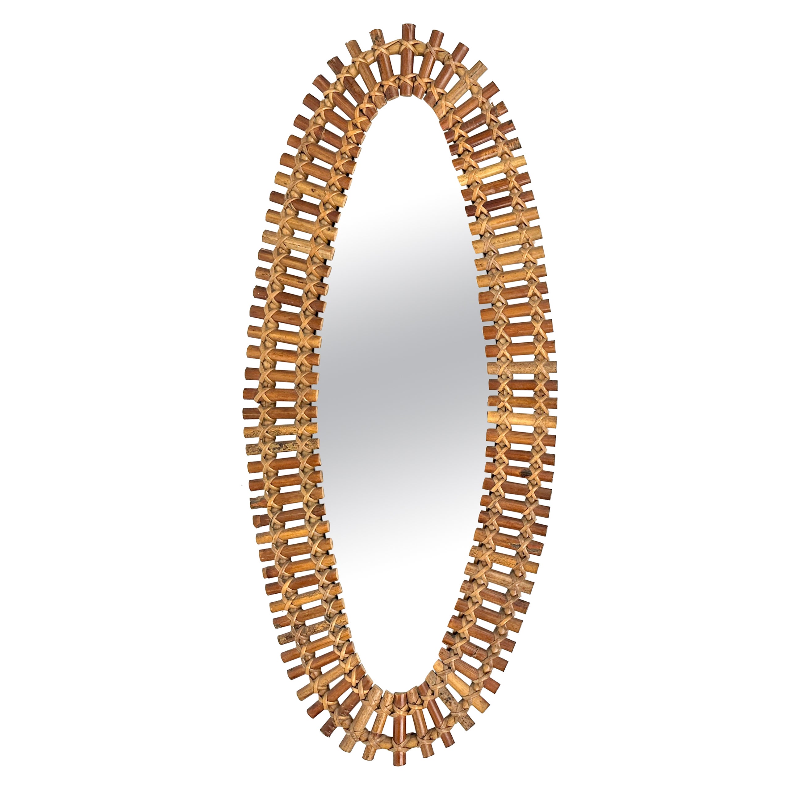 Mid-Century Bamboo and Rattan Oval Wall Mirror, Italy, 1960s