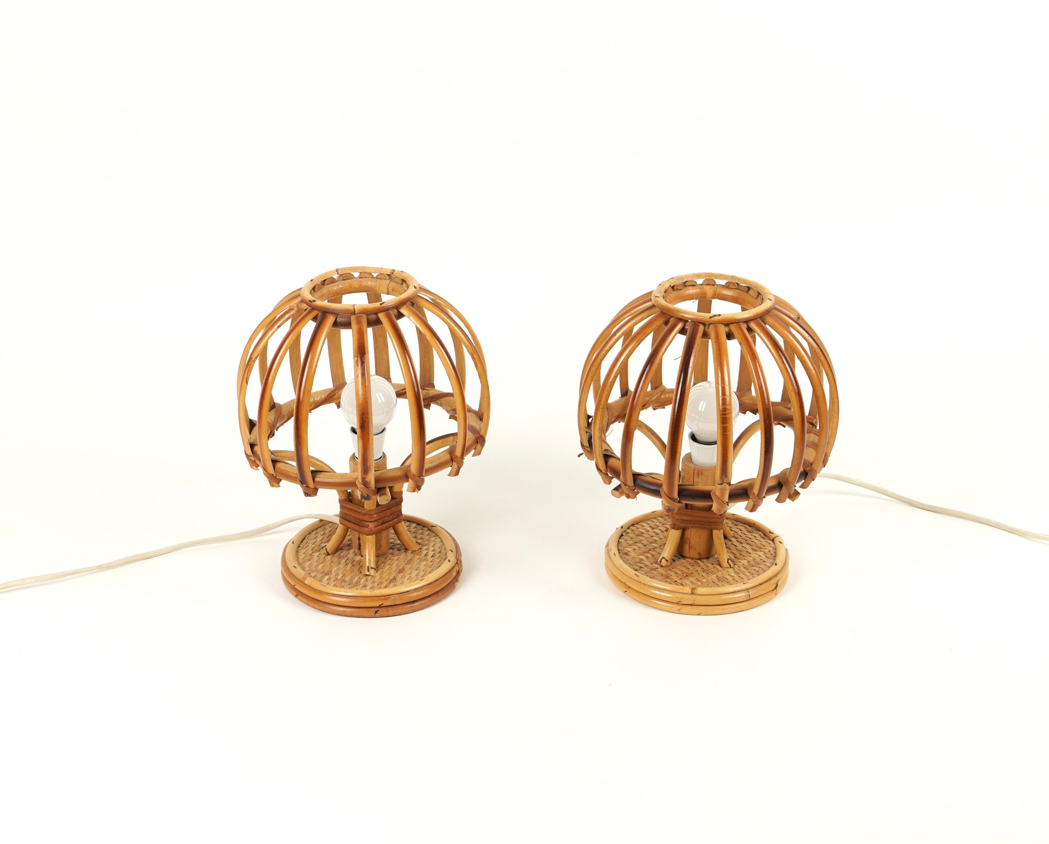 Mid-Century Modern Midcentury Bamboo and Rattan Pair of Table Lamps Louis Sognot Style Italy, 1970s For Sale