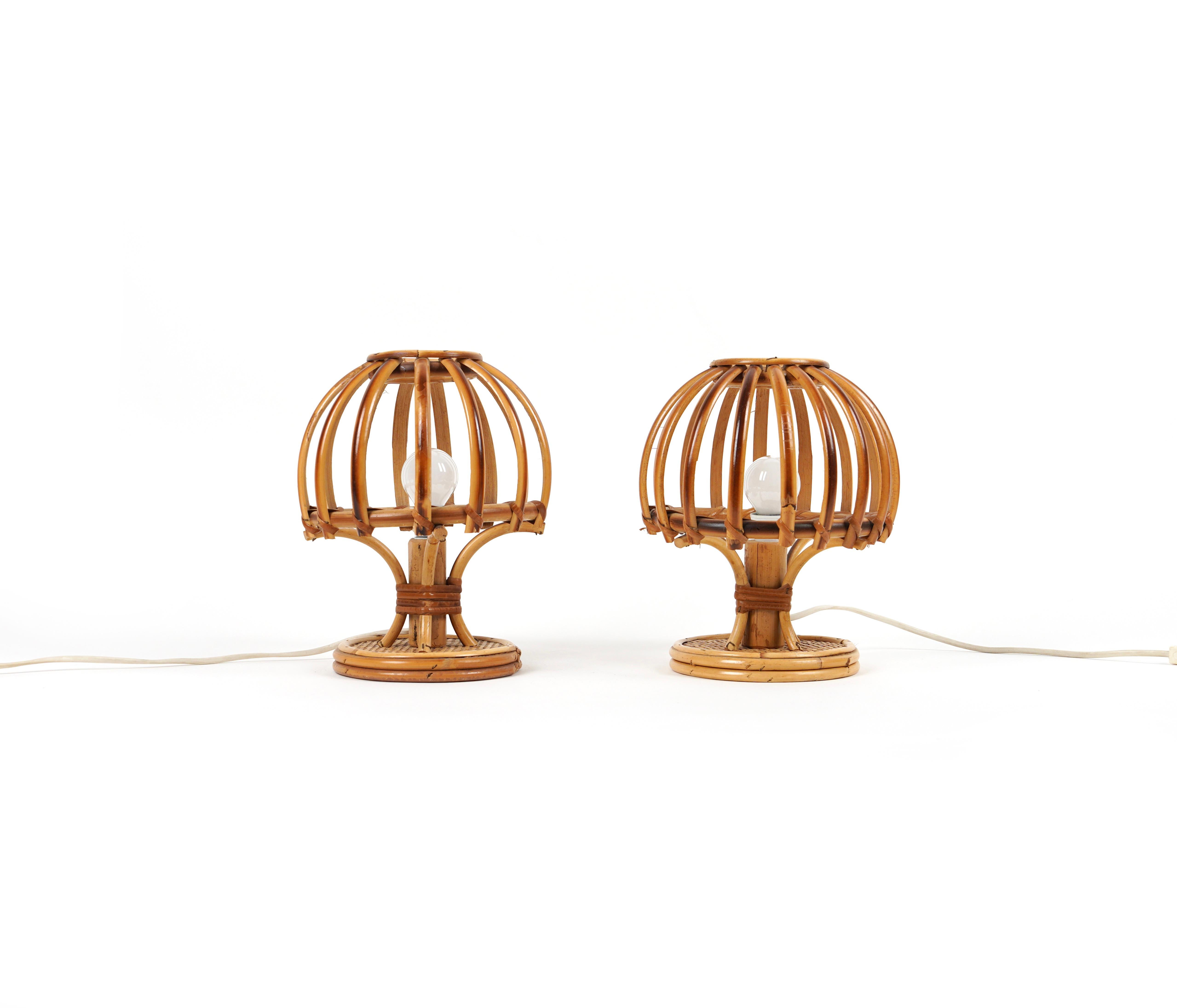 Italian Midcentury Bamboo and Rattan Pair of Table Lamps Louis Sognot Style Italy, 1970s For Sale