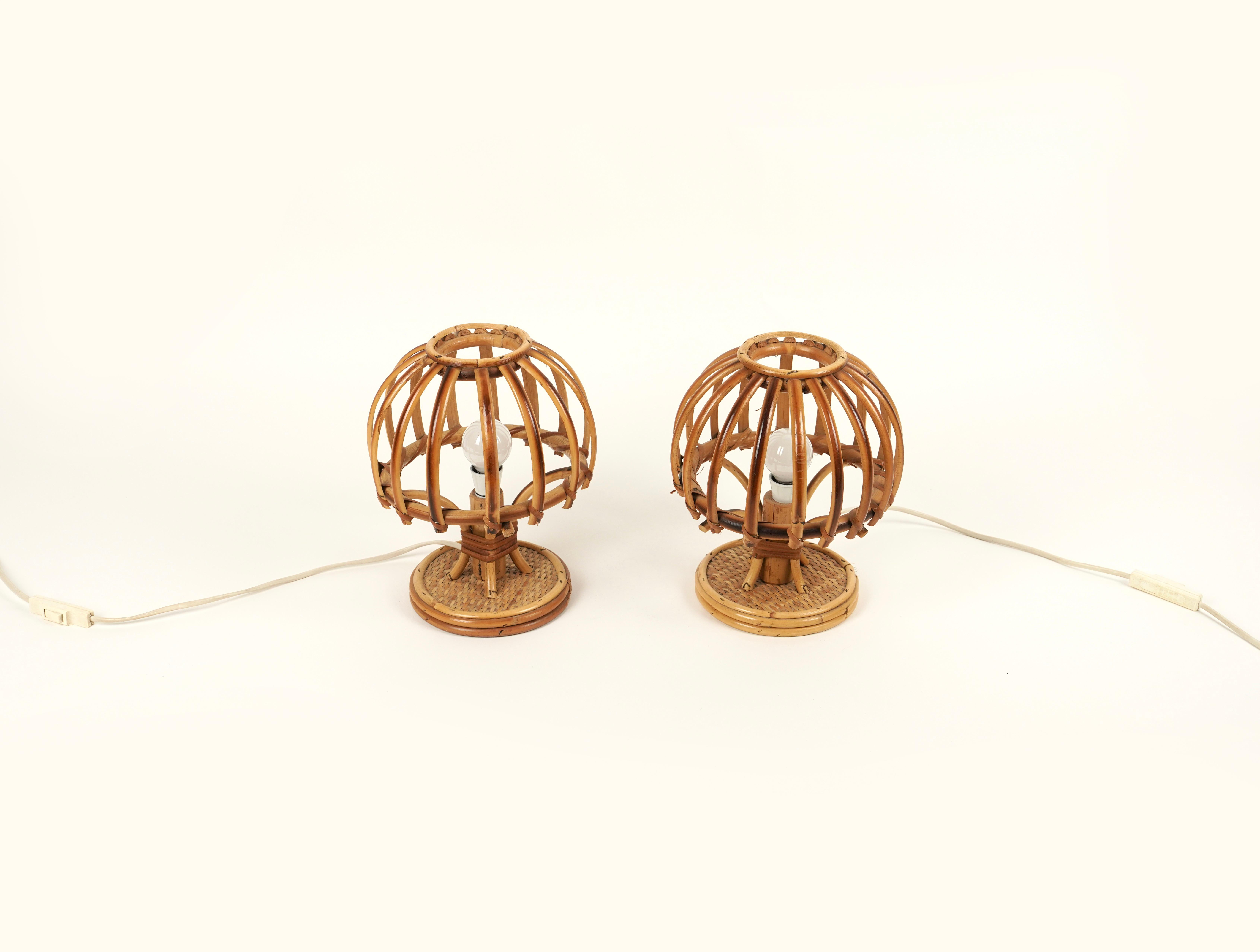 Midcentury Bamboo and Rattan Pair of Table Lamps Louis Sognot Style Italy, 1970s For Sale 1