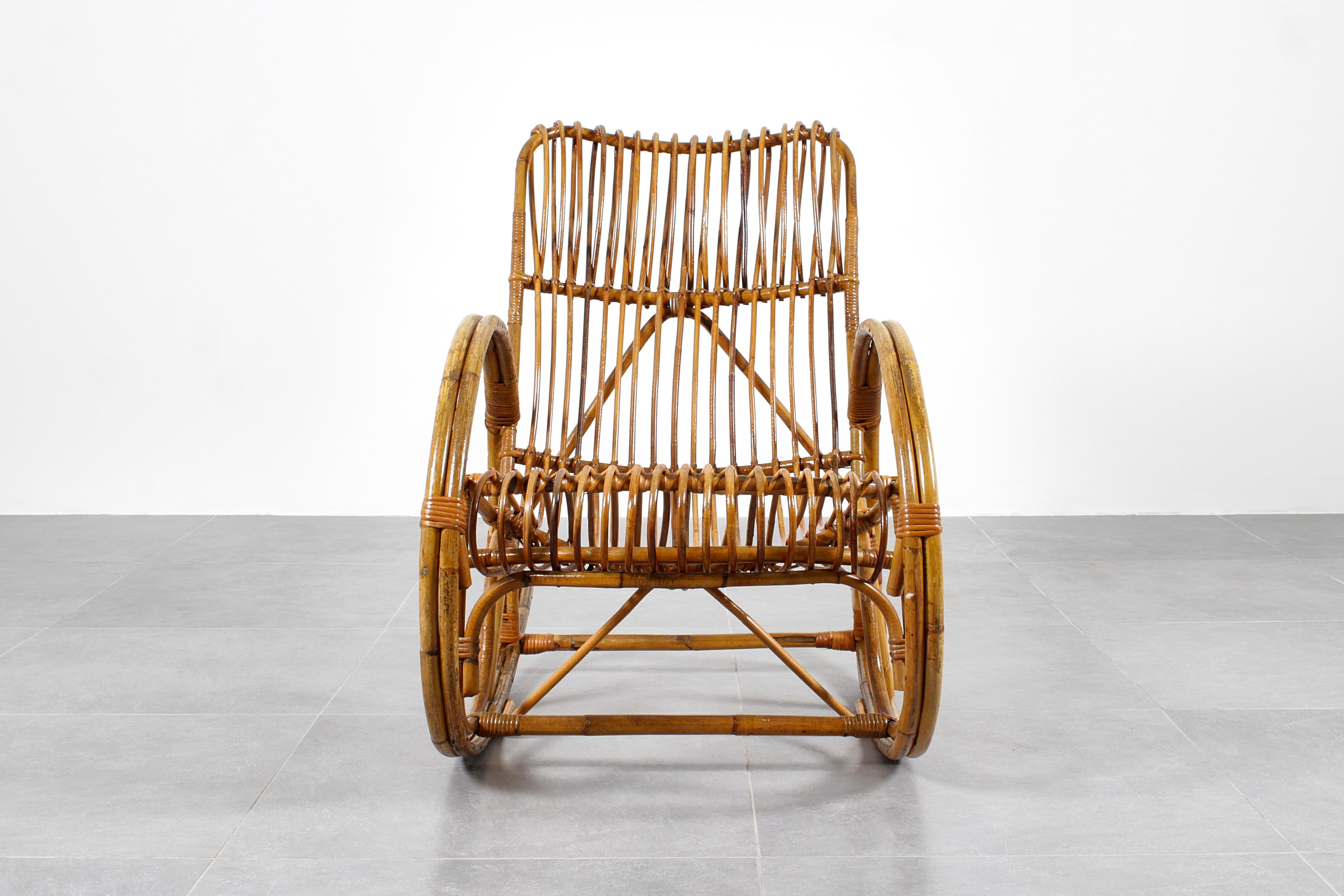 Mid-Century Bamboo and Rattan Rocking Chair Franco Albini style, Italy 60s For Sale 5