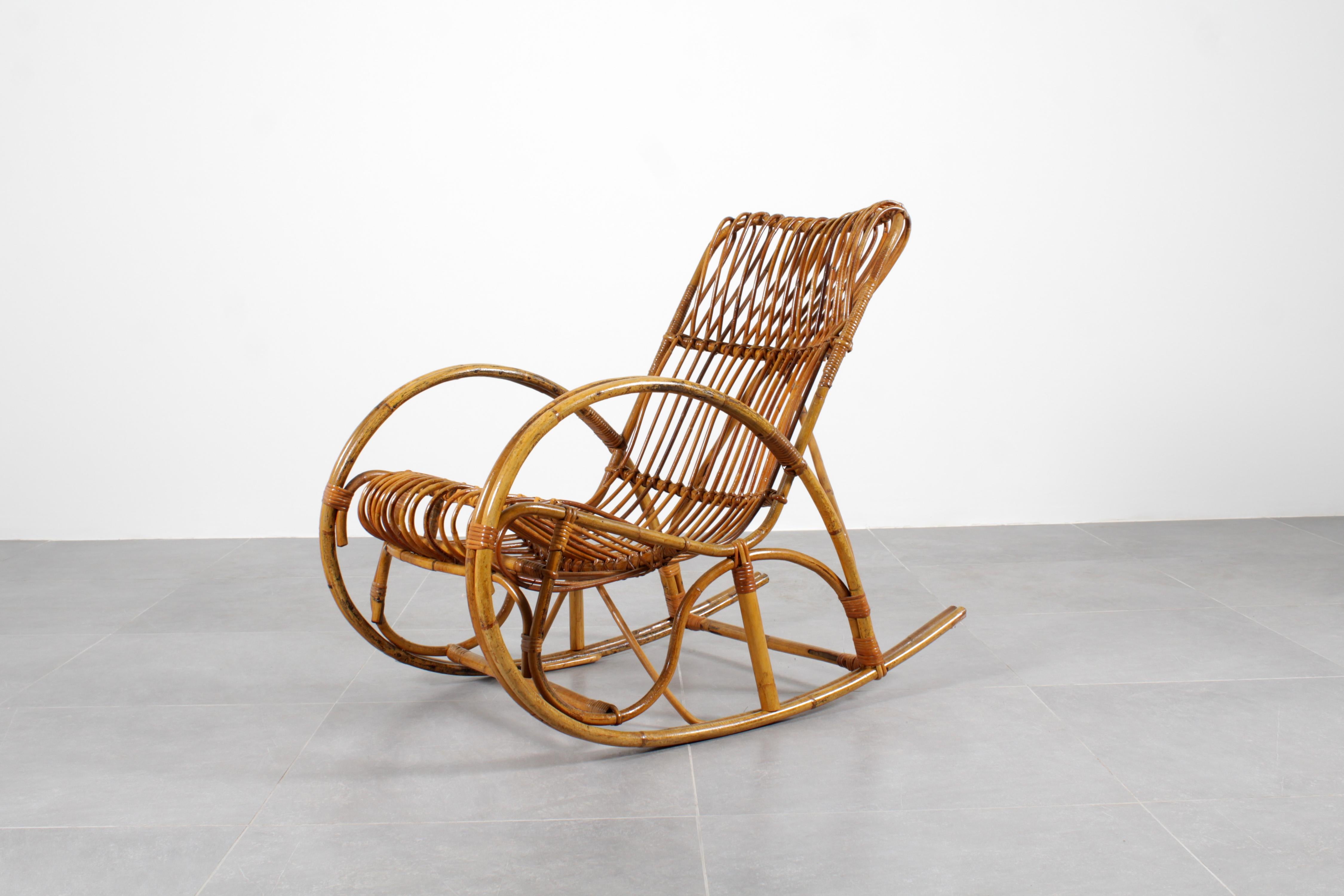 Mid-Century Modern Mid-Century Bamboo and Rattan Rocking Chair Franco Albini style, Italy 60s For Sale
